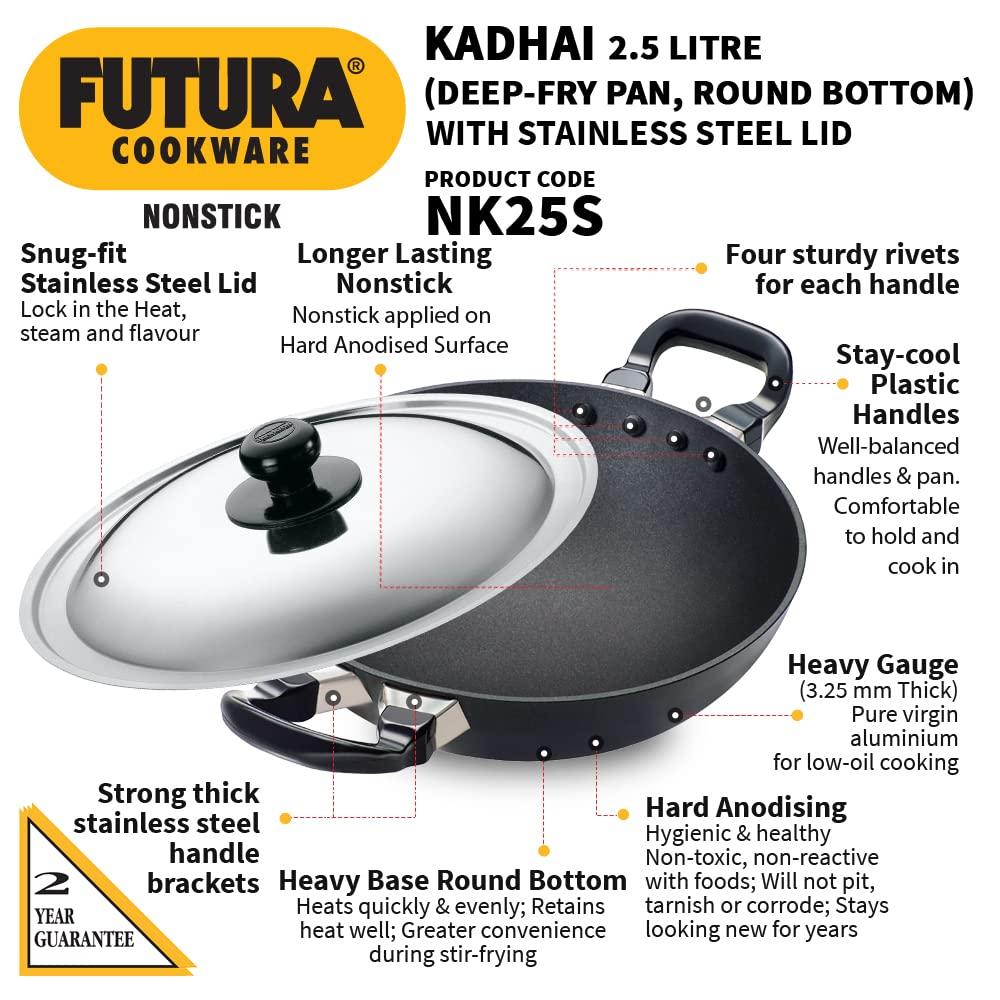 Hawkins Futura 2.5L Kadhai Fry Pan with Steel Lid: Anodized Aluminum, Gas Compatible, Hand Wash, 2-Piece Set