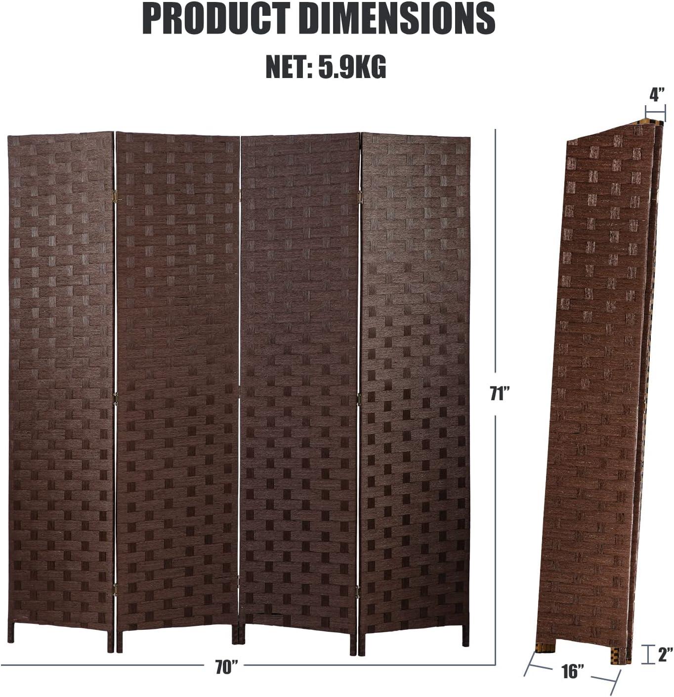 FDW 4 Panel Folding Privacy Room Divider Screen, 70" Tall, Brown