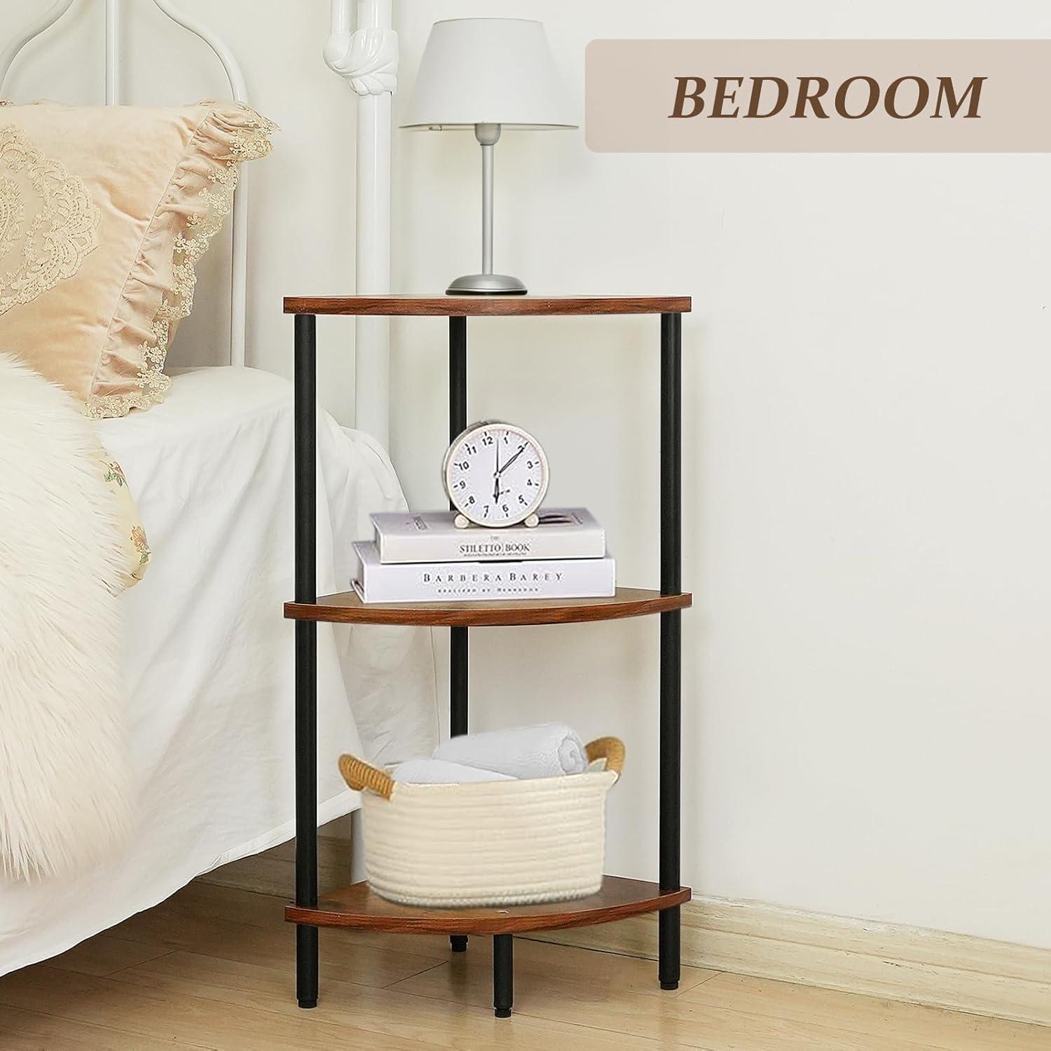 3 Tier Corner Shelf Stand, 28 Inch Rustic Industrial Corner Bookshelf, Storage Standing Shelf Unit, Plant Stand, Short Corner Table for Small Spaces in Living Room,Bedroom,Home Office
