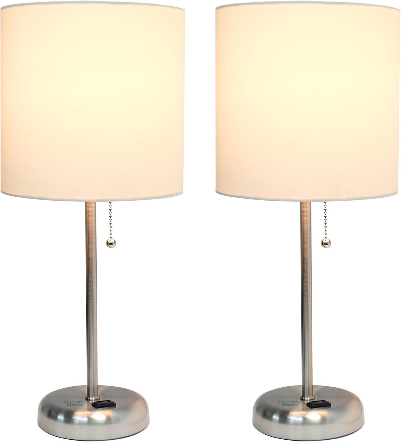 LimeLights Silver Metal Stick Lamp 2 Pack w/ Power Outlet with White Shade