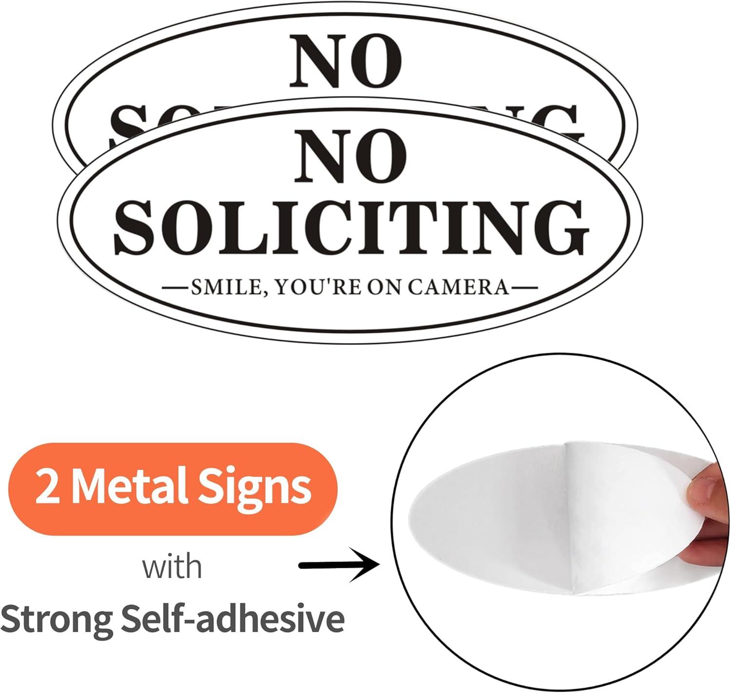 No Soliciting Sign, No Solicitors Sign for Front Door, 2 Pack Self-Adhesive Aluminum Metal No Solitation Do Not Knock or Ring Bell Sign, 7.0 x 3.0 inches Weather Resistant Signs for Home Doorbell Busi