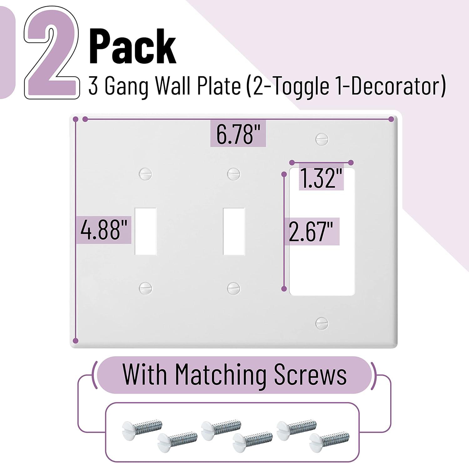 Bates- Combination Wall Plate, 2 Pack, Double Toggle/Single Decorator, White Light Switch Cover Plate