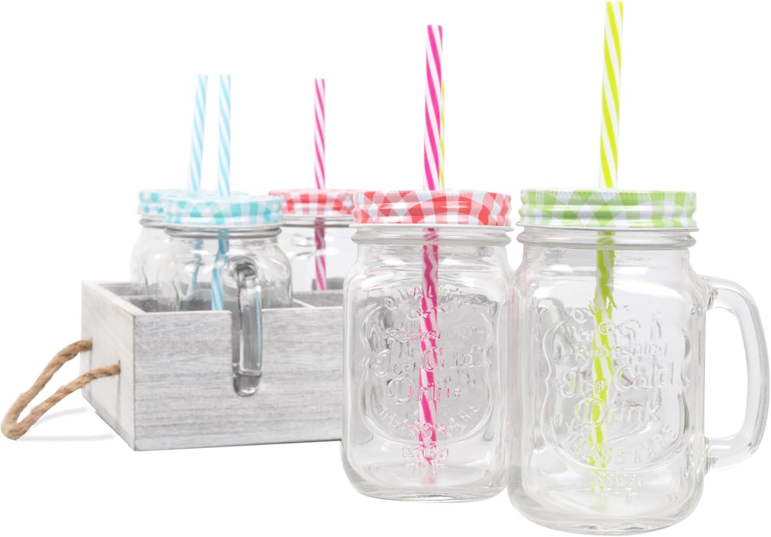 Deco Glass Drinking Mason Jar Cups with Handle & Wooden Carrier with Reusable Straws  Lids & Handles Set of 6  16oz