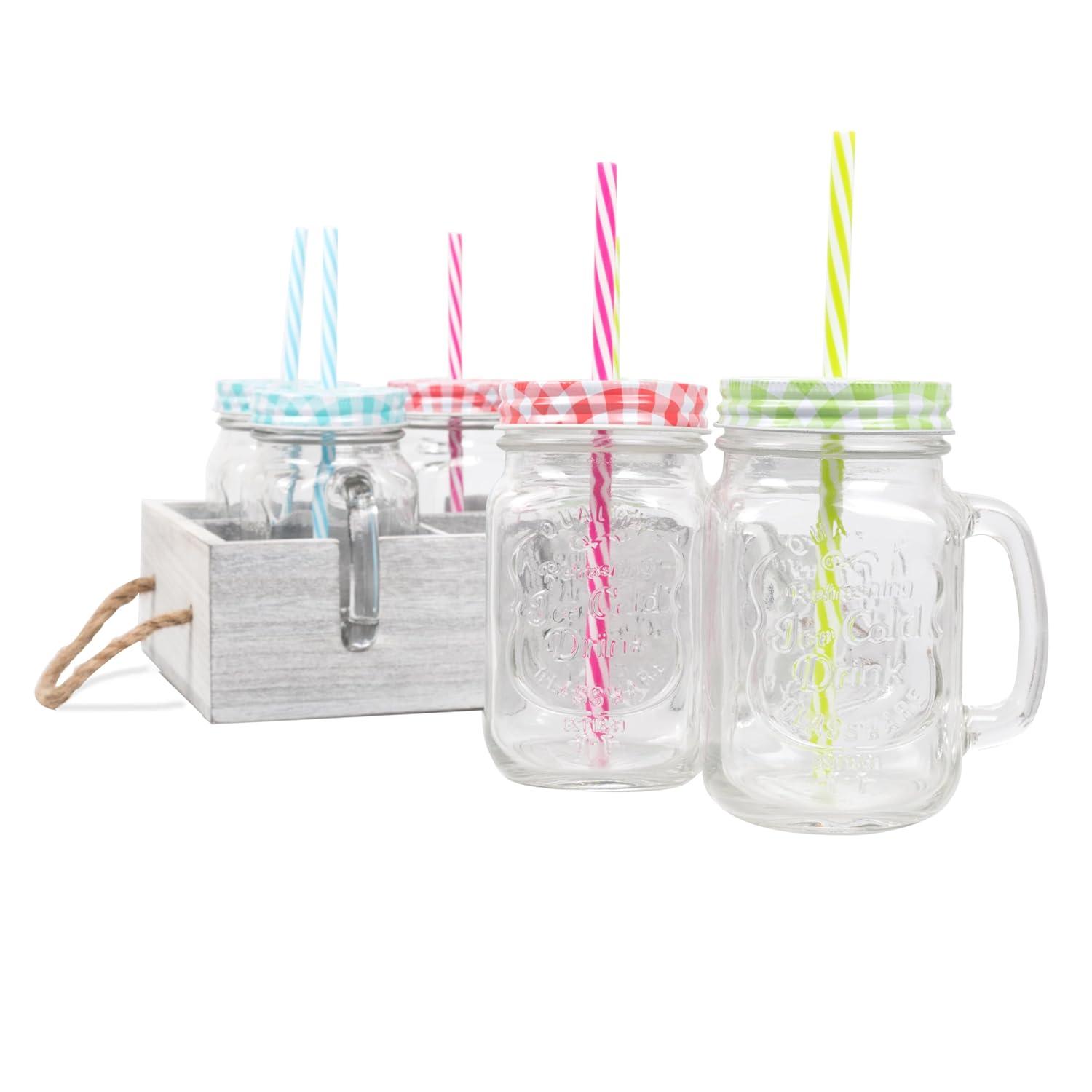Deco Glass Drinking Mason Jar Cups with Handle & Wooden Carrier with Reusable Straws  Lids & Handles Set of 6  16oz