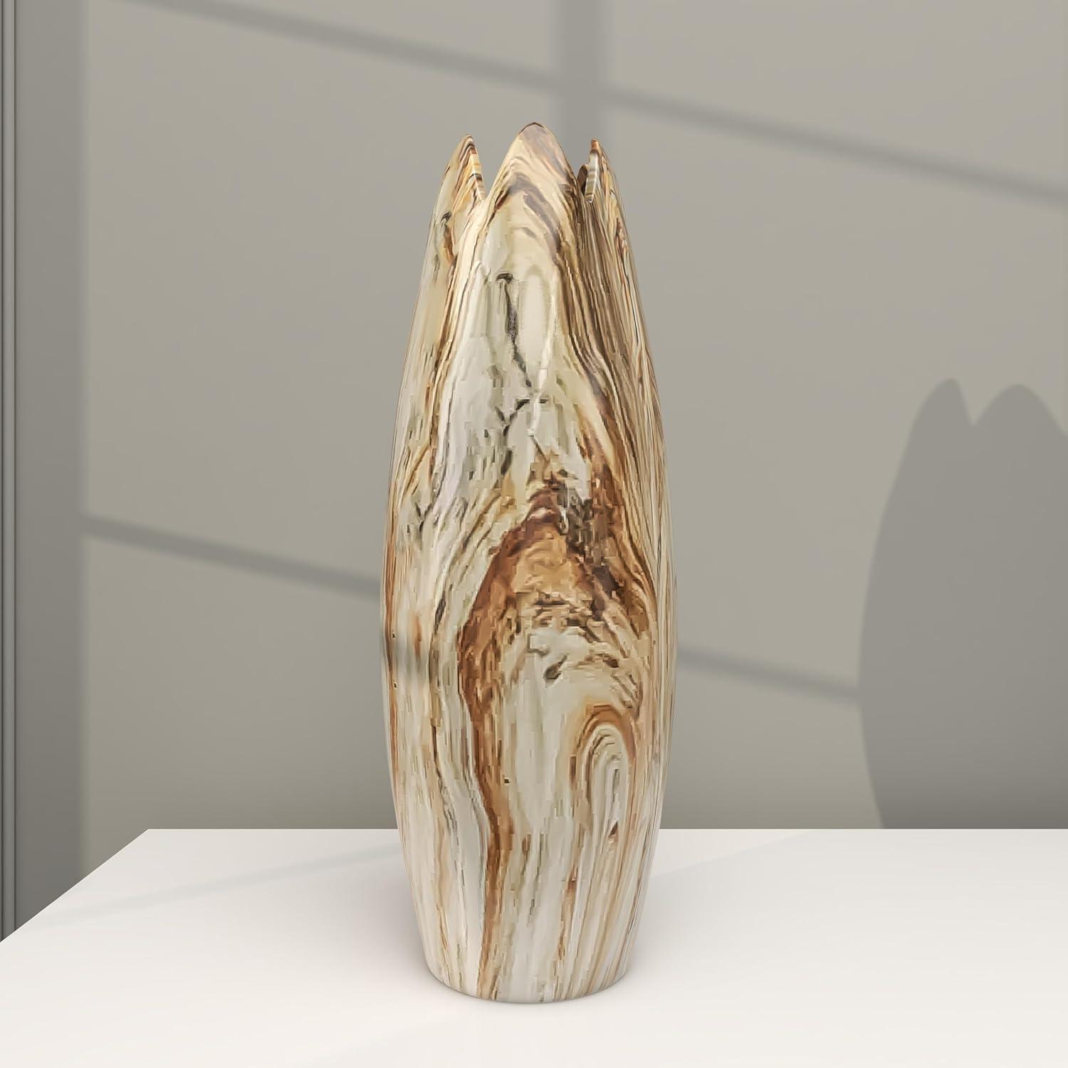 DecMode 21" Marbled Beige Ceramic Vase with Angled Edge Opening and Rust Accents