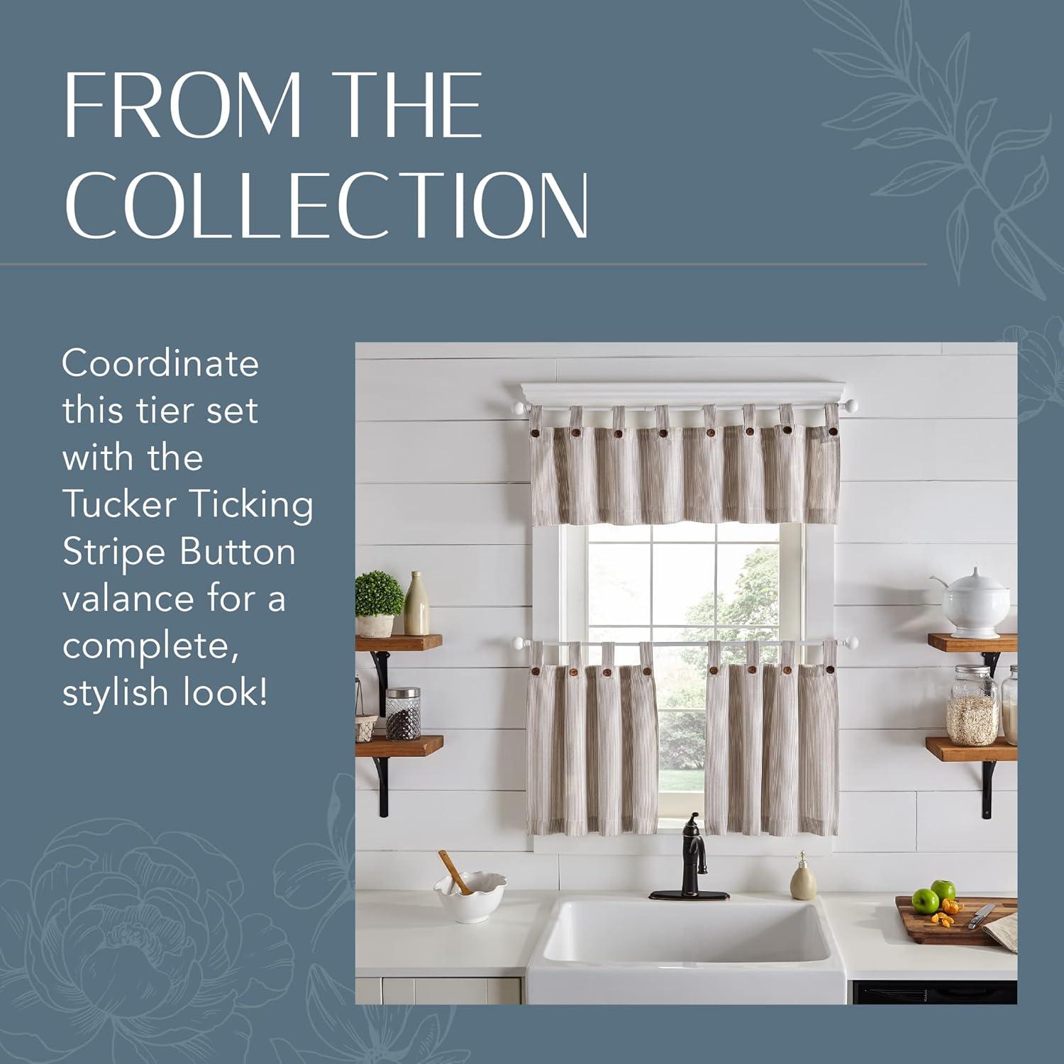 Tucker Ticking Stripe Button Tab Top Window Kitchen Tier Set of 2 - 30" x 24" - Linen - Elrene Home Fashions