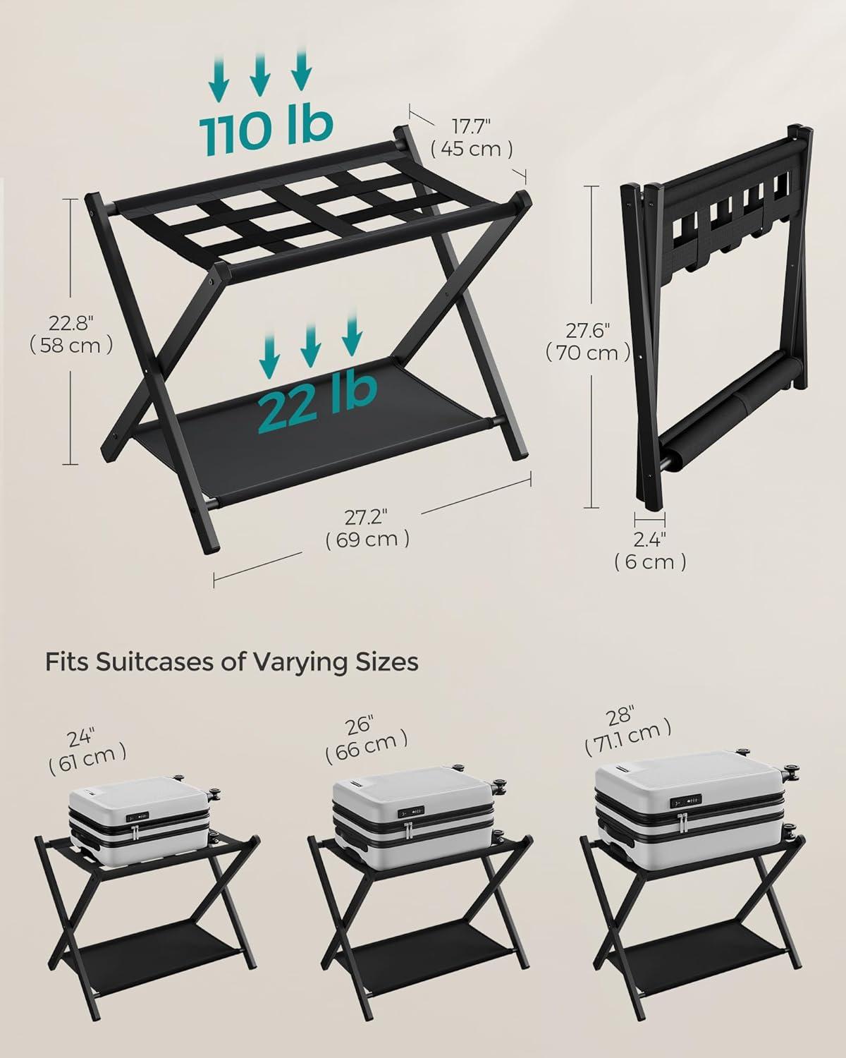 Black Steel Folding Luggage Rack with Storage Shelf, Set of 2