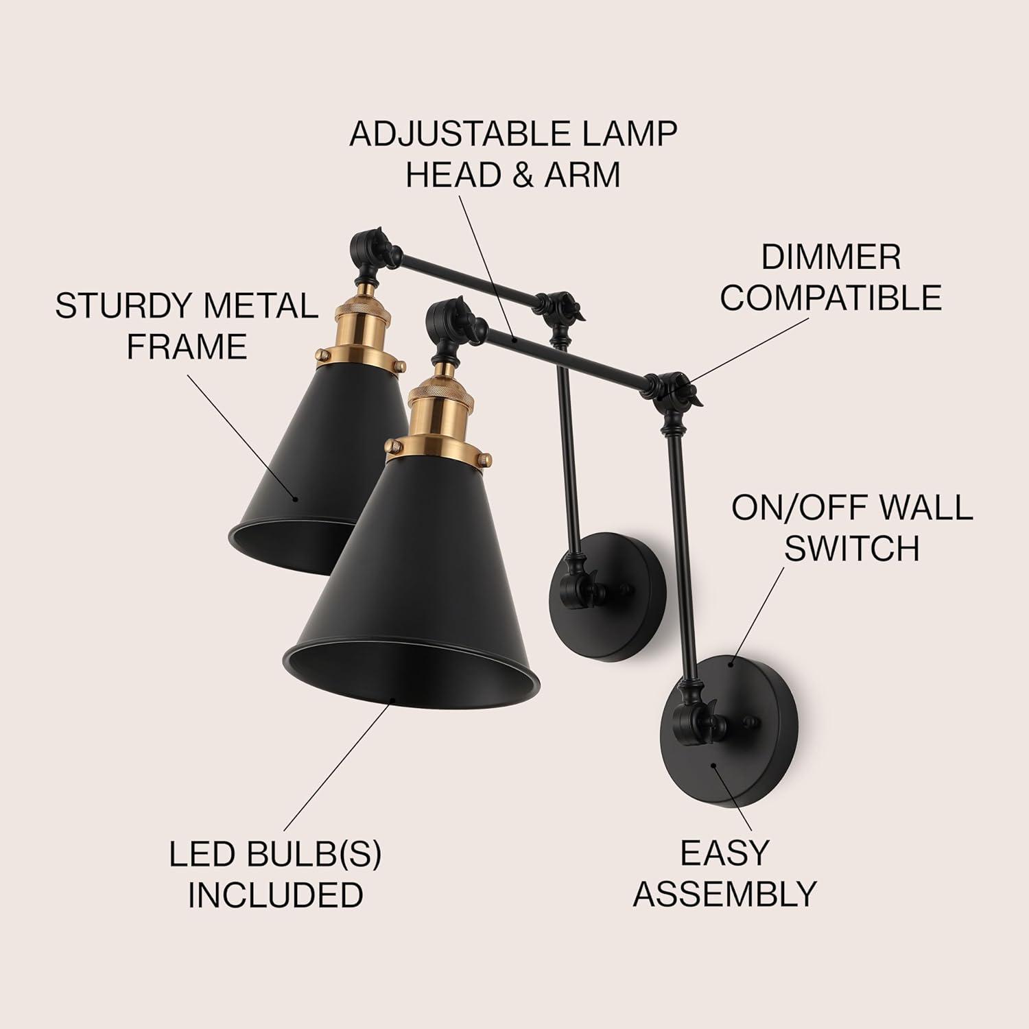 Rover 7" Adjustable Classic Glam Arm Metal LED Wall Sconce, Black/Brass Gold (Set of 2)