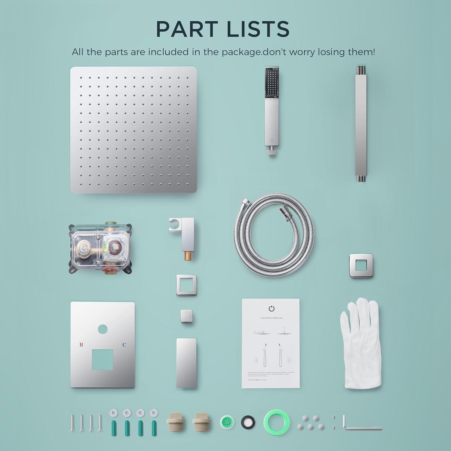 FORIOUS Shower Head System, 12 Inch Rain Shower Faucet Set with Handheld Spray Combo Rough-in Valve, Solid Brass Pressure Balanced Valve Trim Kit, Ceiling Mount, Chrome