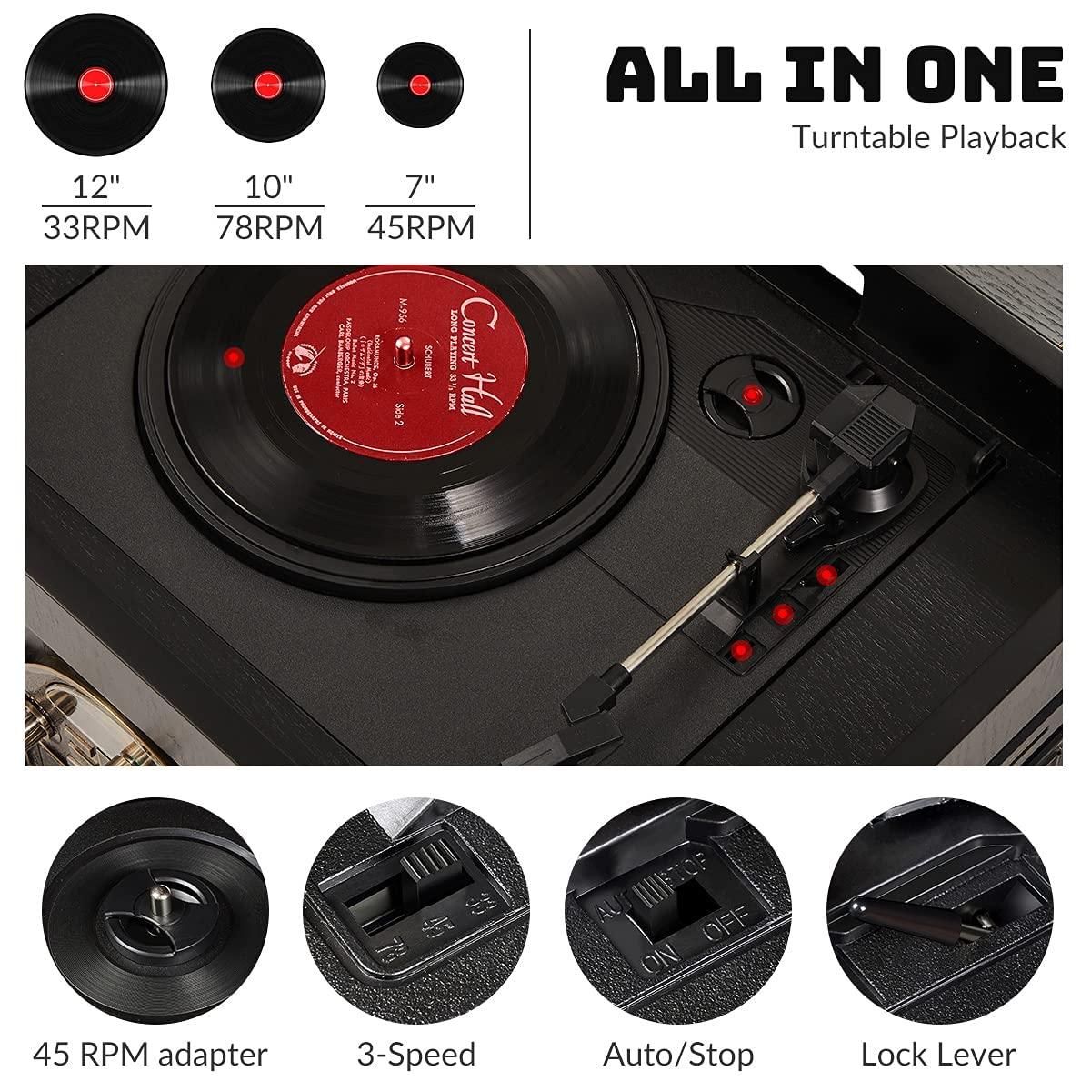 ORCC 10-in-1 Record Player, Nostalgic Turntable for Vinyl Record with Bluetooth, 2 Built-in Speakers, CD, Cassette, AM/FM Radio, USB, SD Slot, Remote Control