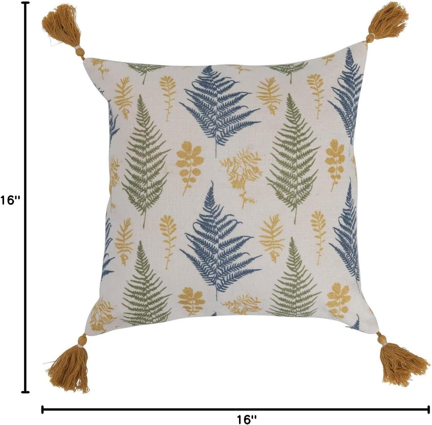 Botanical Print Cotton Square Pillow with Tassels