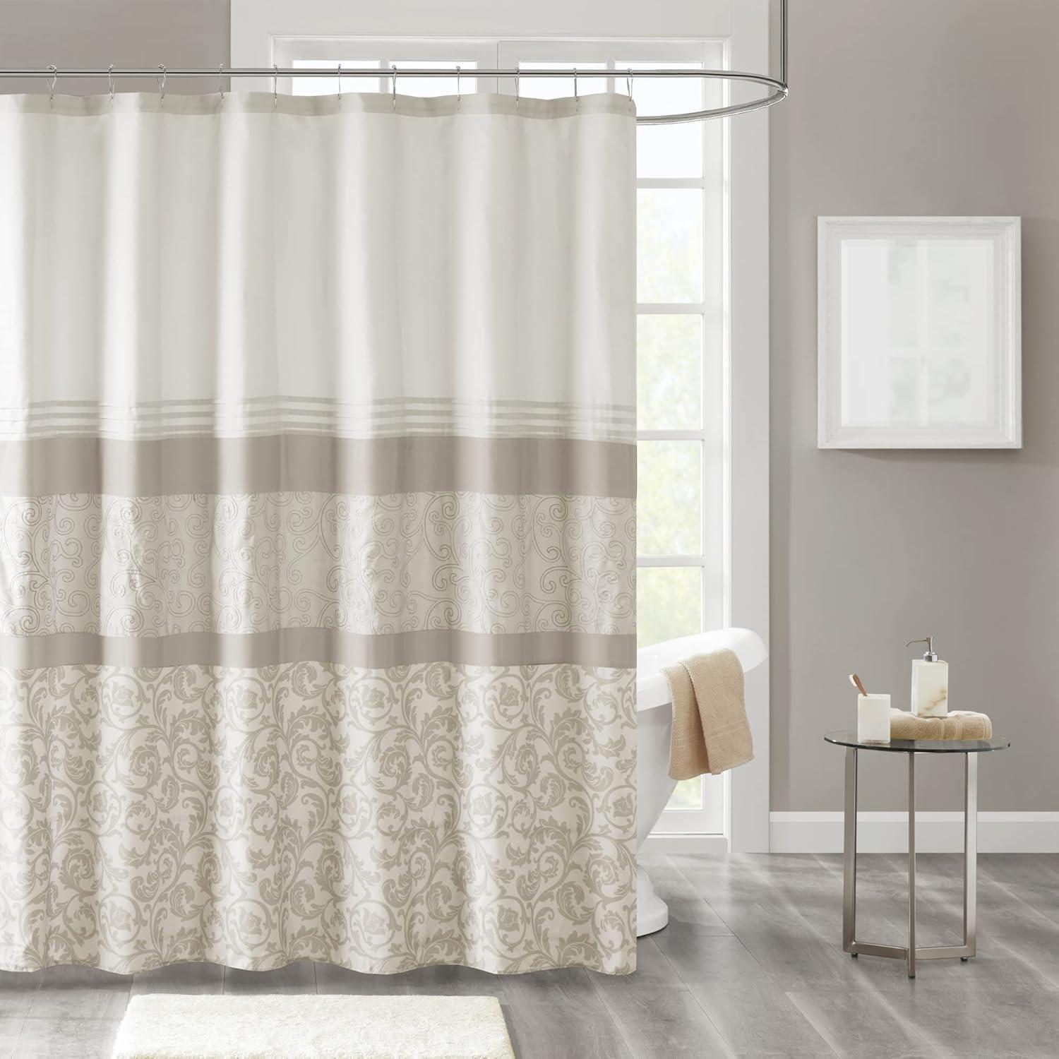 Neutral Embroidered Fabric Shower Curtain with Liner