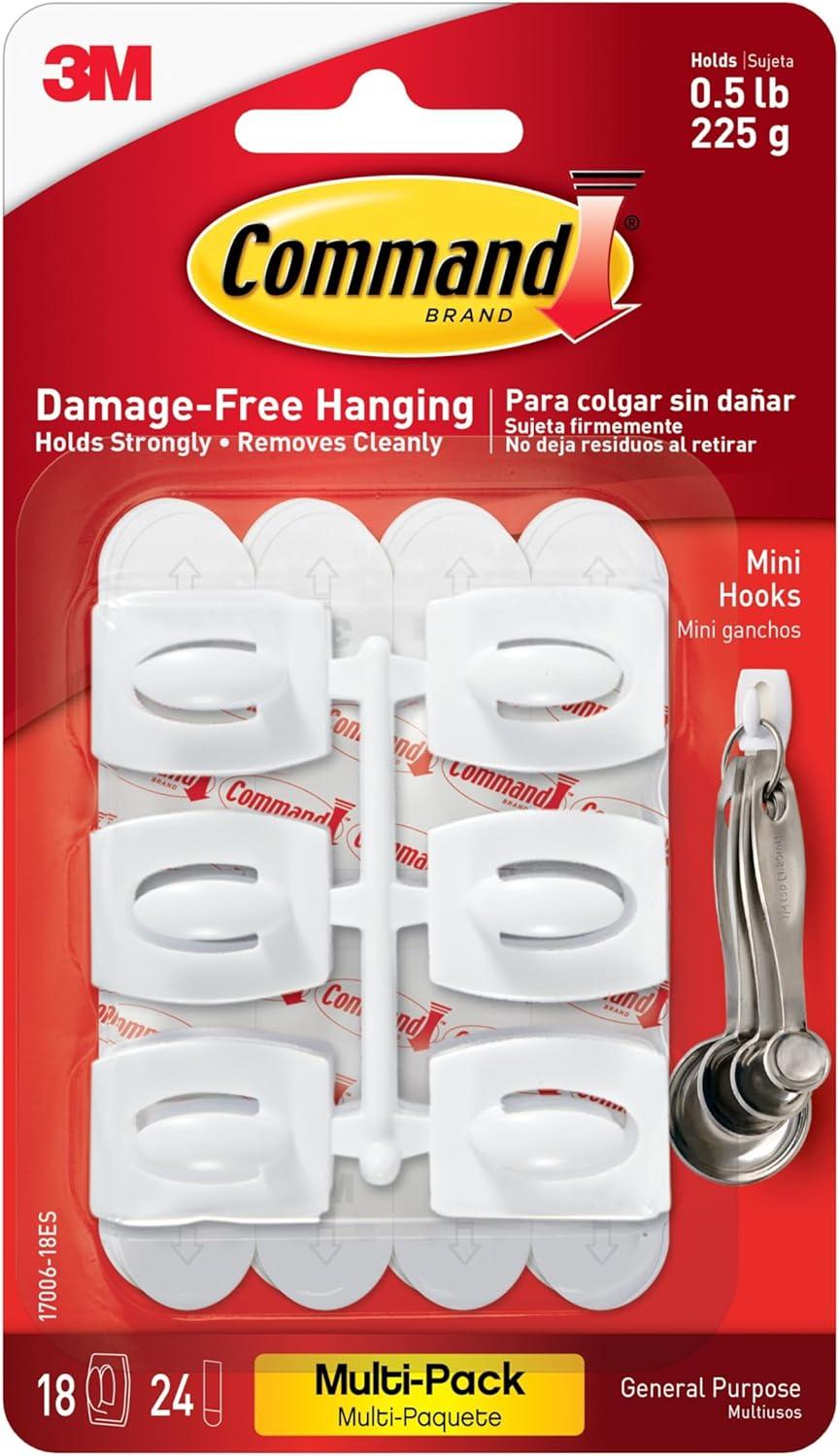 Command Mini Wall Hooks, White, Damage Free Decorating, 18 Hooks and 24 Command Strips