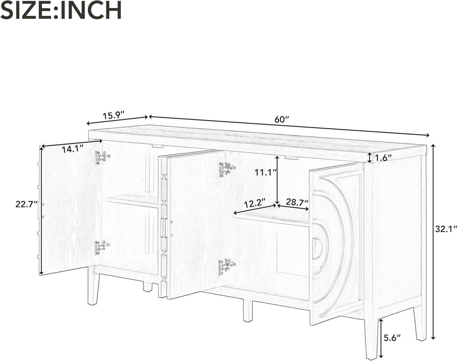 Gray 60" Distressed Wood Sideboard with Circular Groove Doors