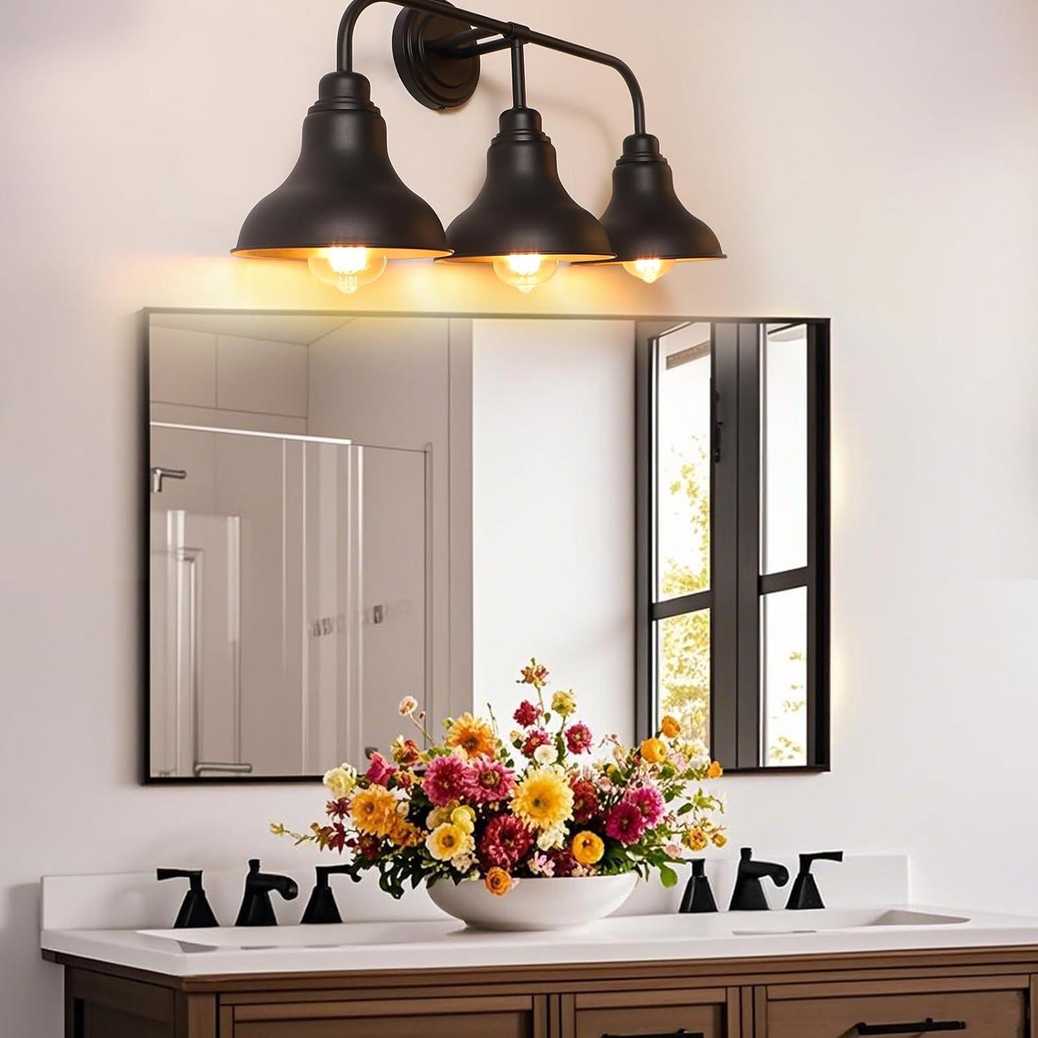 Farmhouse 25.25 in. 3-Light Black Vanity Light with Black Metal Shades