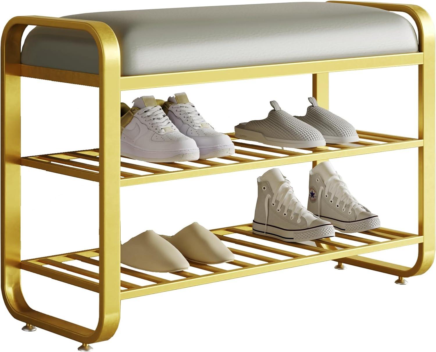 Gold Metal Shoe Storage Bench with Gray Faux Leather Cushion