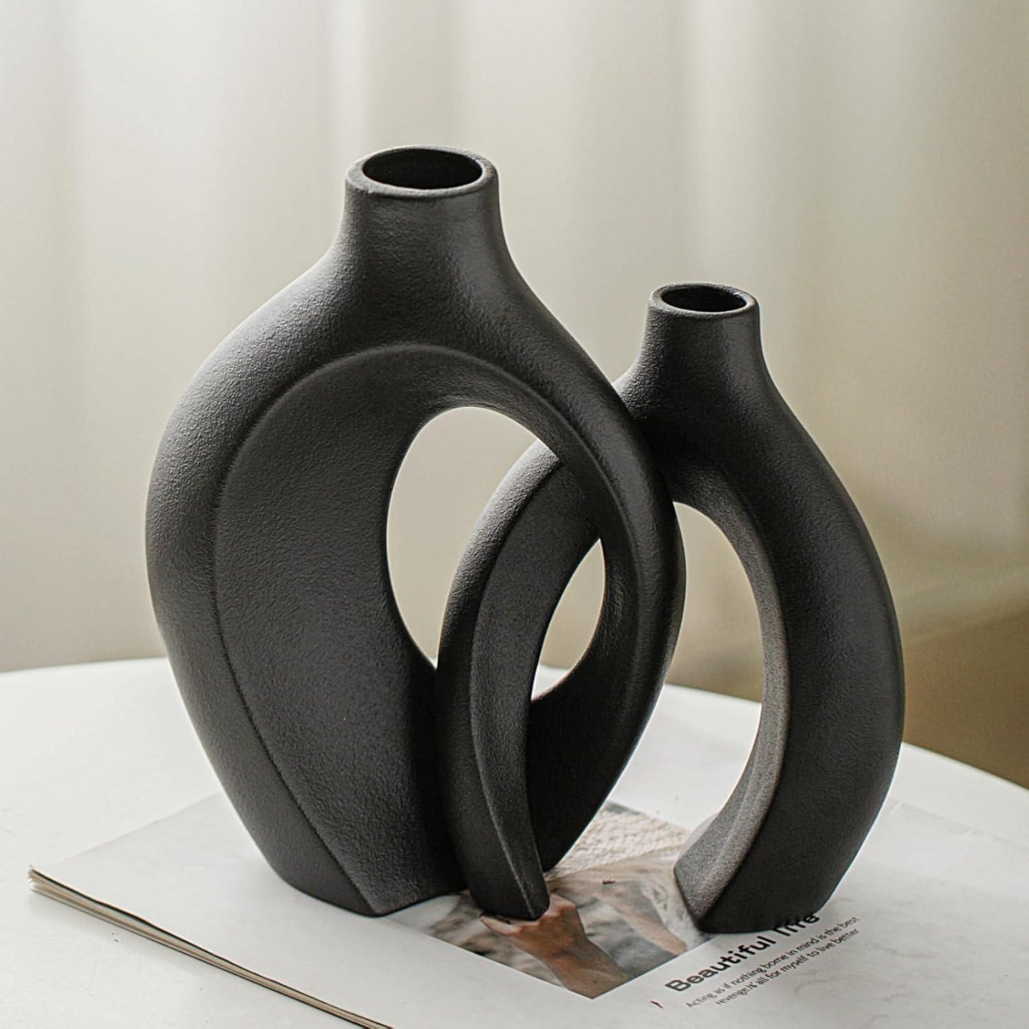 Matte Black Ceramic Decorative Vase Set with Curved Design