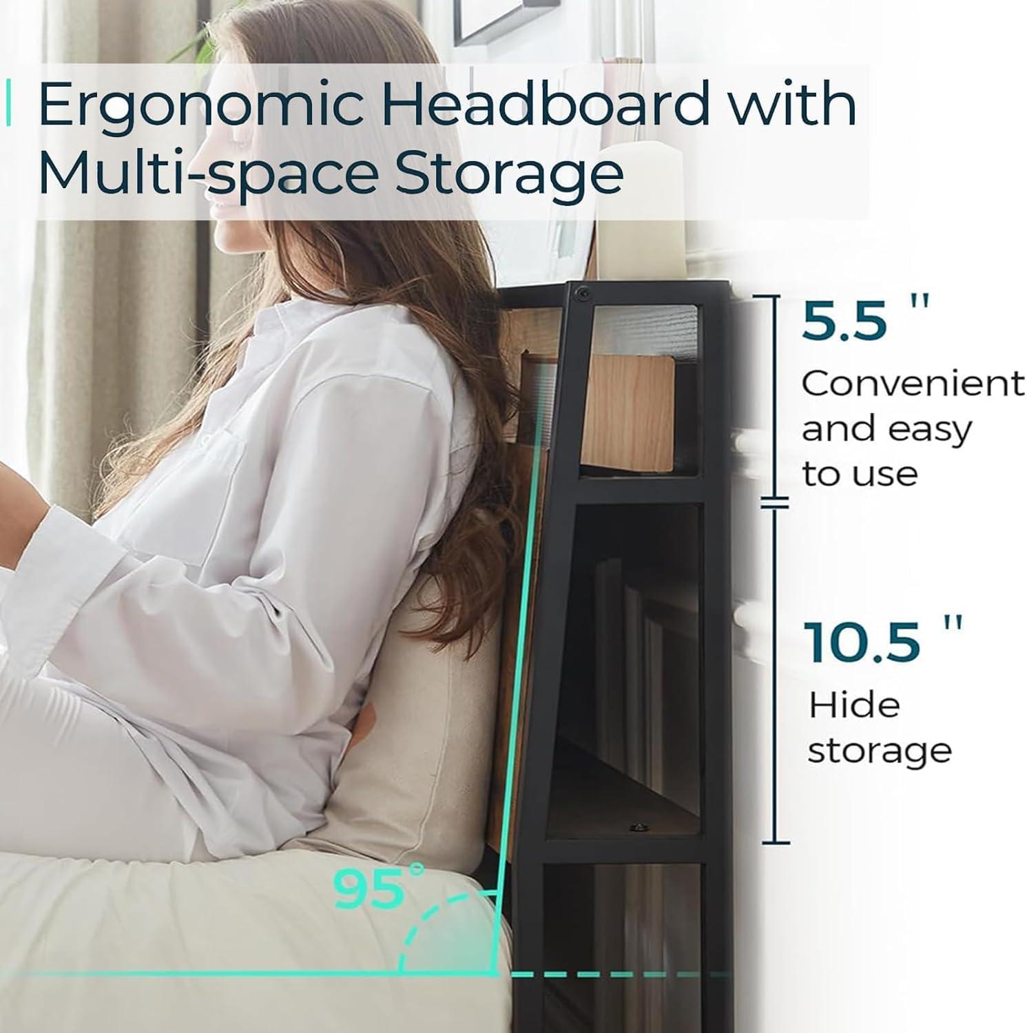 Linsy Home Queen Size Platform Bed Frame with Headboard and 3 Storage Shelves, Metal Bed with Lights, Outlets & USB, Light Grey, Mattress Not Included
