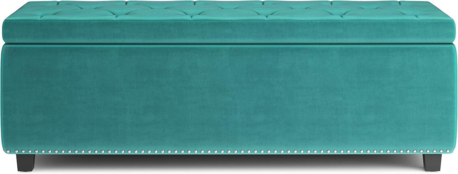 Simpli Home Hamilton 48 inch Wide Traditional Rectangle Storage Ottoman in Aqua Blue Velvet Fabric