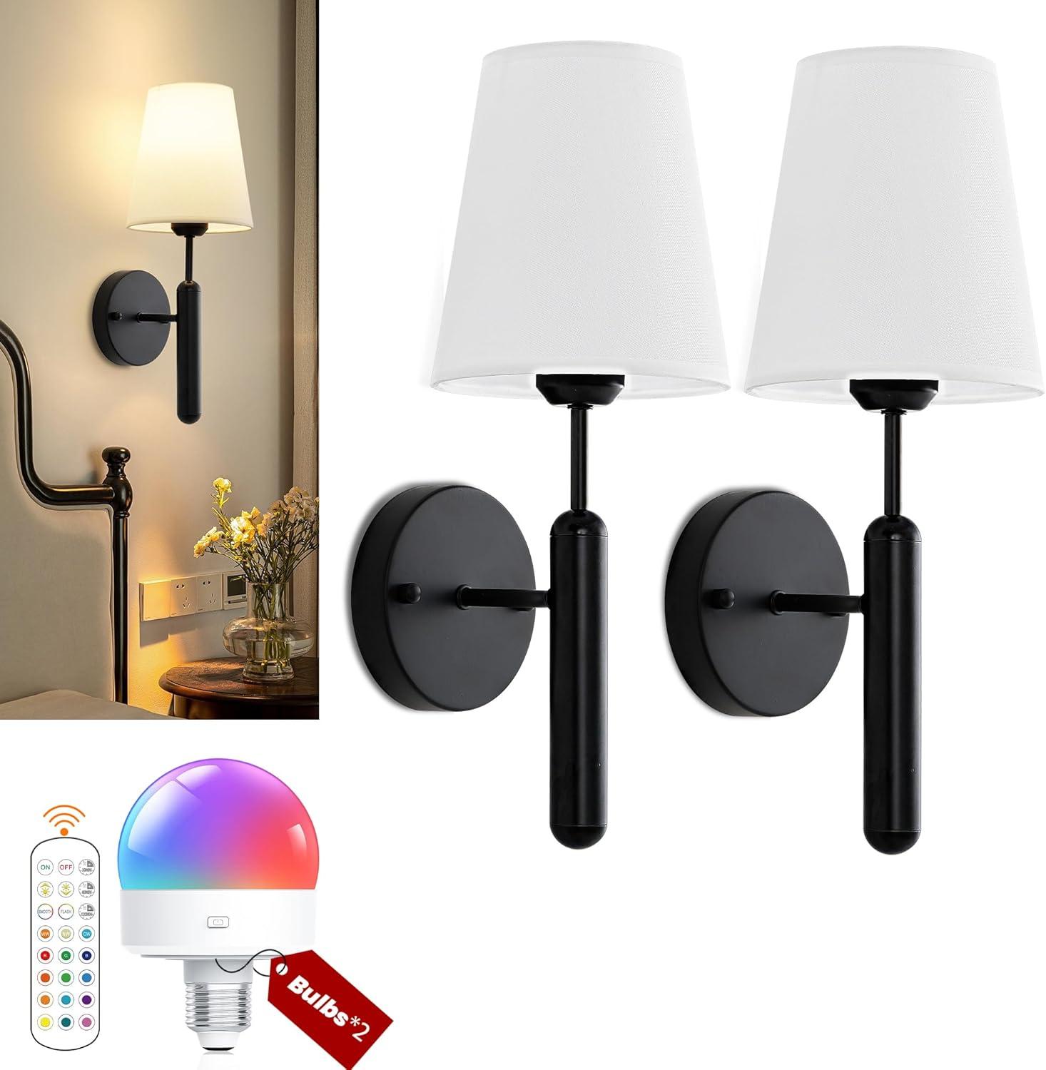 Wall Sconces Set of 2, Battery Operated Wall Sconce with Remote Control, Wireless Wall LIghts Dimmable Wall Lamp with White Fabric Shade, Not Hardwired Wall Light Fixture For Bedroom, Bulb Included