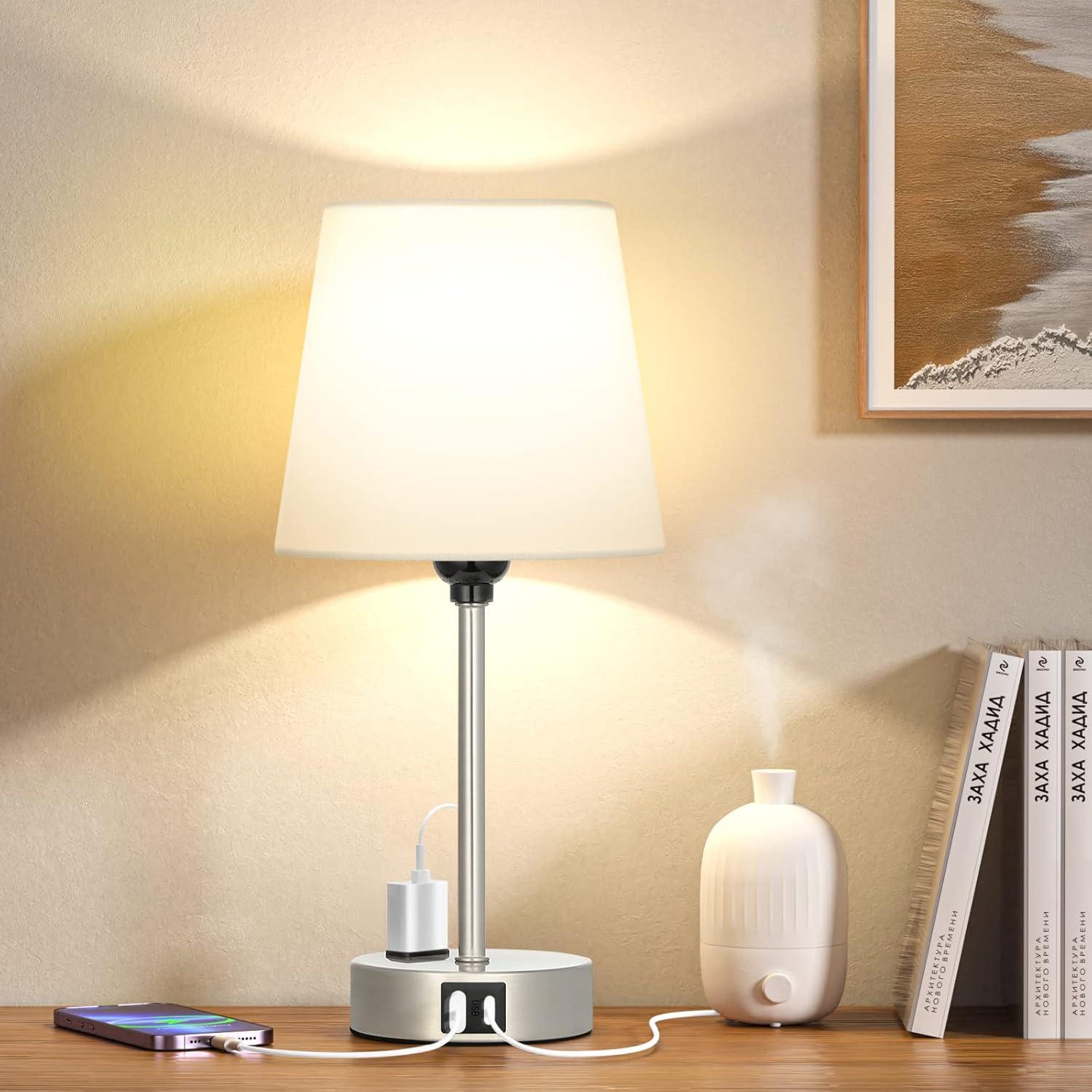 Set of 2 White Fabric Touch Control Table Lamps with USB Ports and AC Outlet