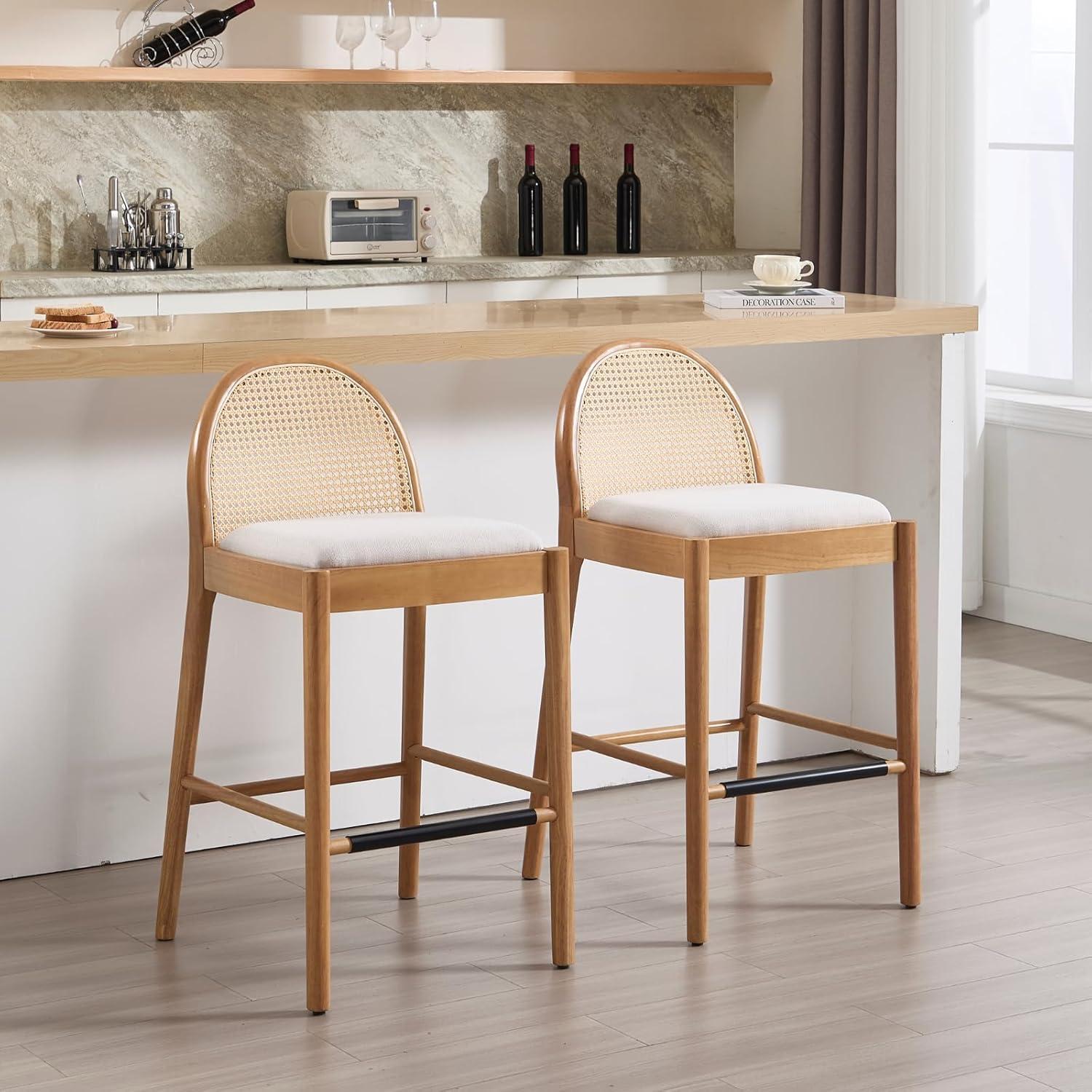 Bayou Breeze Emington Modern Stools with Rattan Backrests and Wood Frame (Set of 2)