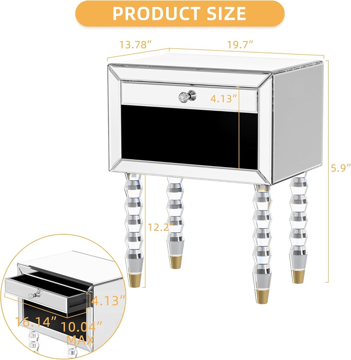 Mirrored Nightstand, Modern End Table with Drawer, Bedside Tables with Acrylic Legs for Bedroom, Living Room, Silver