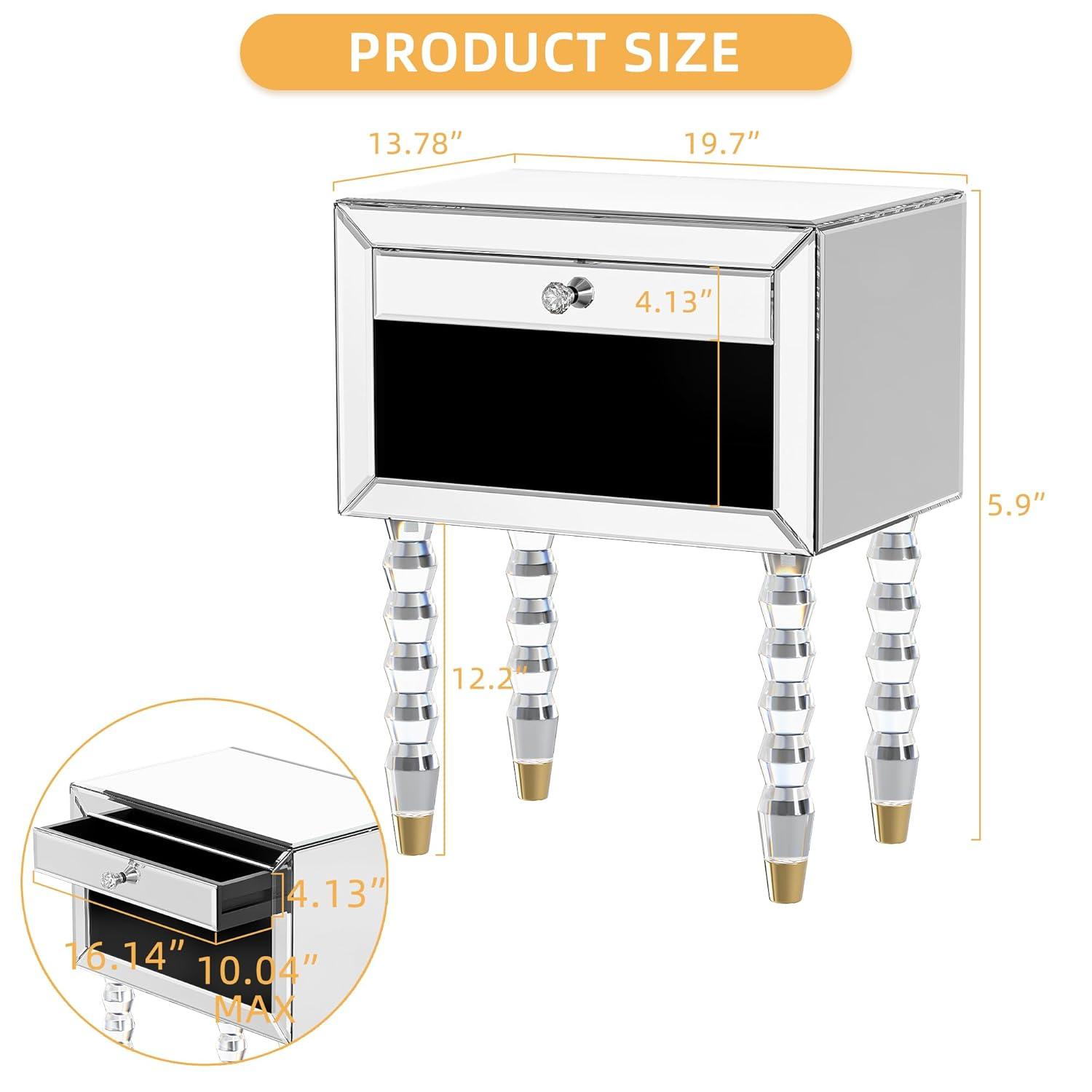 Mirrored Nightstand, Modern End Table with Drawer, Bedside Tables with Acrylic Legs for Bedroom, Living Room, Silver