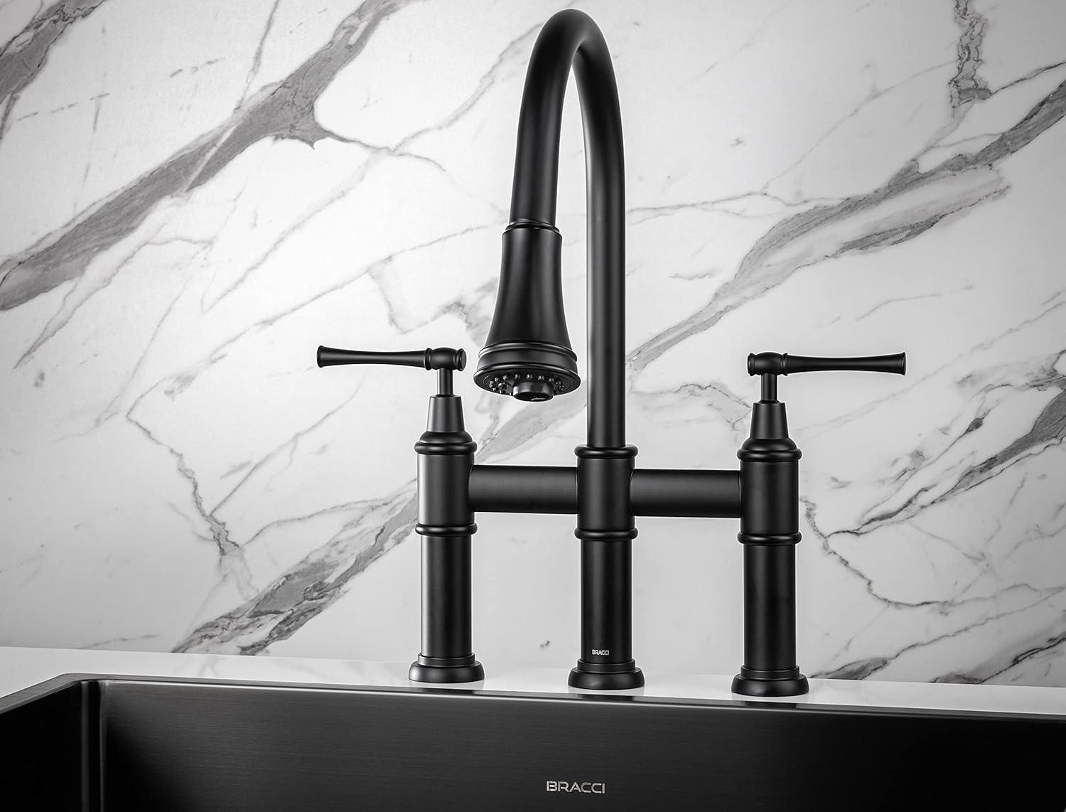 CoSoTower Double Handle Bridge Kitchen Faucet with Pull-Down Spray Head