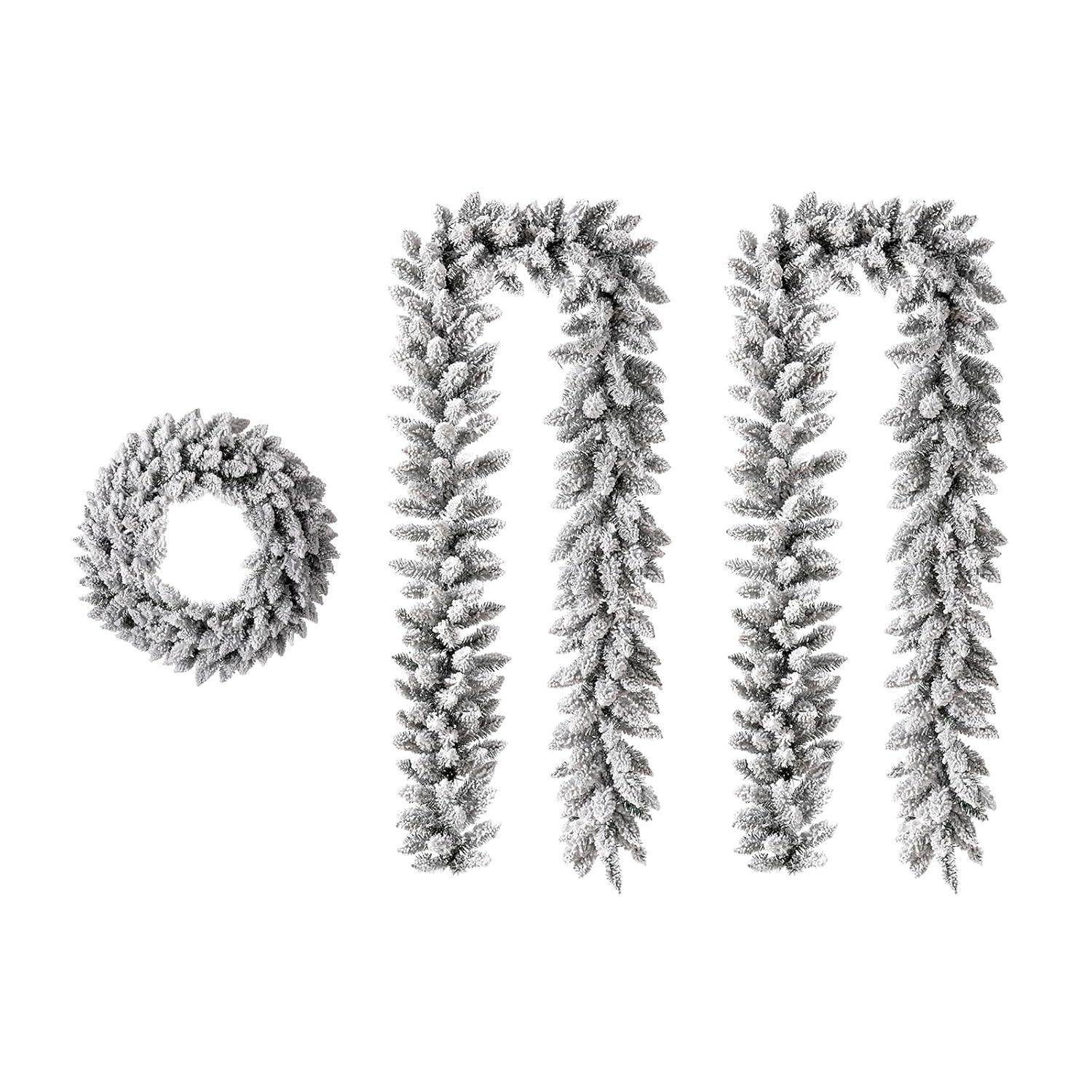 Glitzhome Pre-Lit 24" Artificial Christmas Snow Flocked Wreath with 2Pcs Xmas Snow Garlands Ornament Lighted Pine Needle Holiday Hang Decorations for Home Door Wedding Party Decor