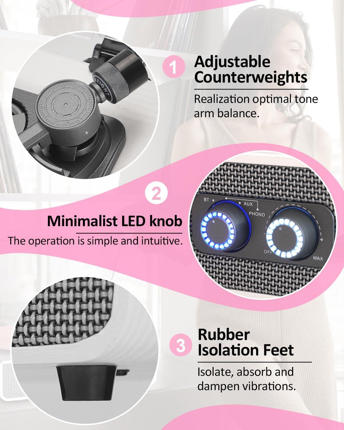 Vinyl Record Player with Upgraded Built-in Speakers, 3-Speed Belt-Driven Bluetooth Turntable for Vinyl Records, White Wood Grain Vintage Phonograph with RCA Out & AUX in, Auto Stop, MDF Cabinet