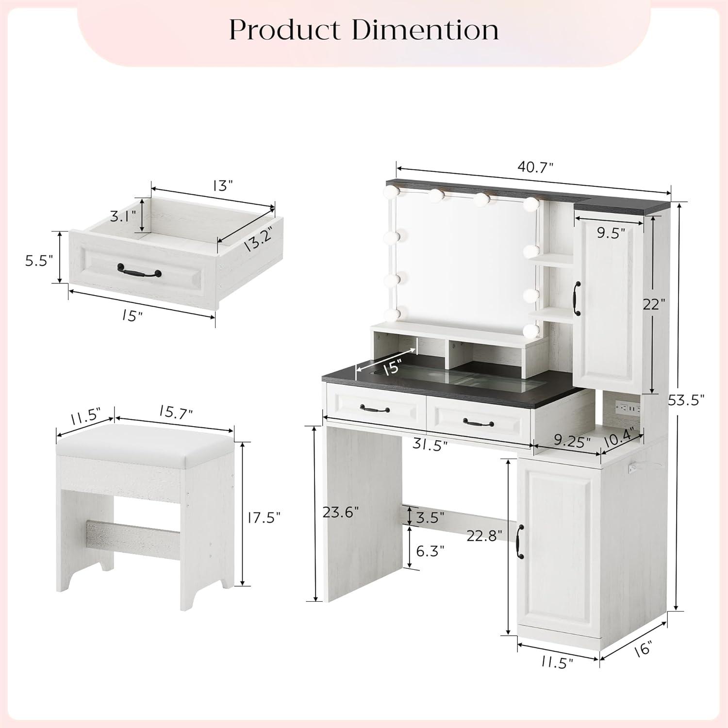 Hommpa Vanity Set with Mirror, Girls Makeup Vanity with  LED Lights, White Vanity Desk with Drawers, Vanity Table with Charging Station for Women Bedroom Storage