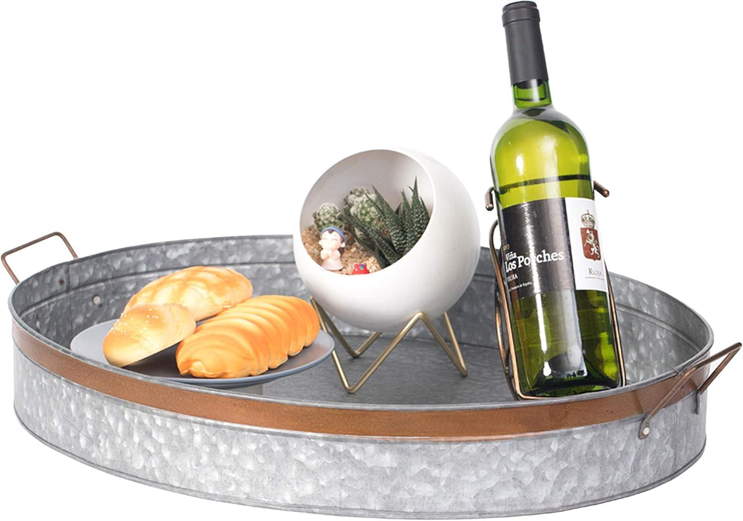 Vintiquewise Galvanized Metal Oval Rustic Serving Tray With Handles