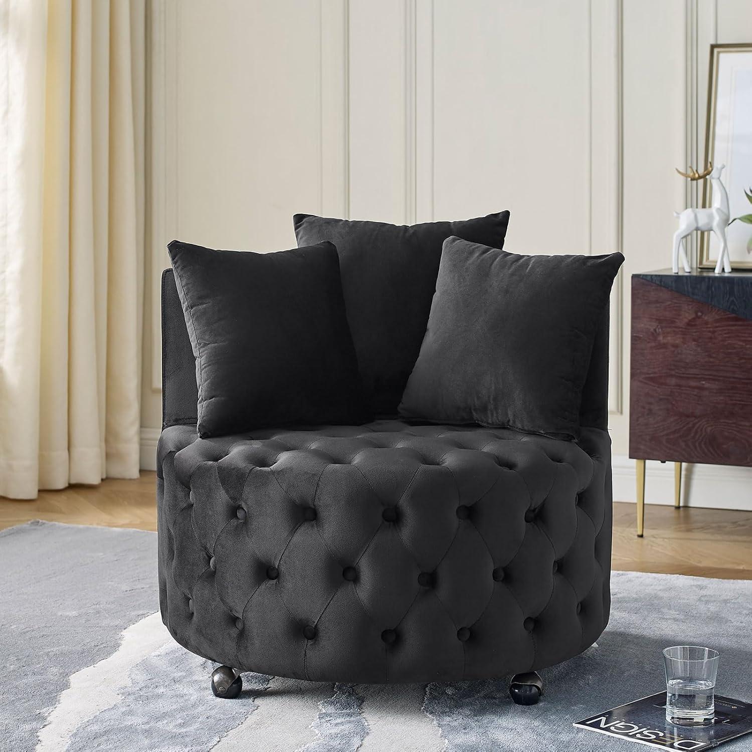 Swivel Barrel Accent Chair, 30in Modern Velvet Round Sofa Chair with 3 Pillows and Wheels, Comfy Tufted Club Lounge Chair for Living Room, Bedroom(Beige)
