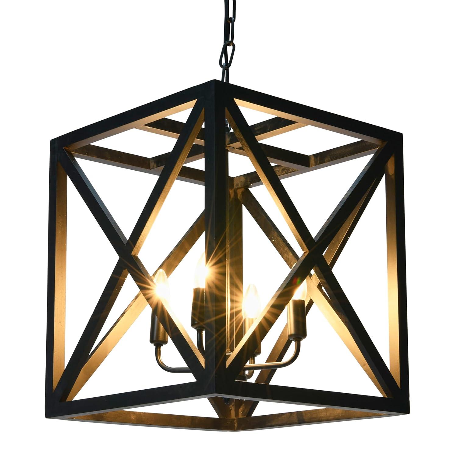 Creative Co-Op Geometric Wood and Metal Ceiling Light, Black