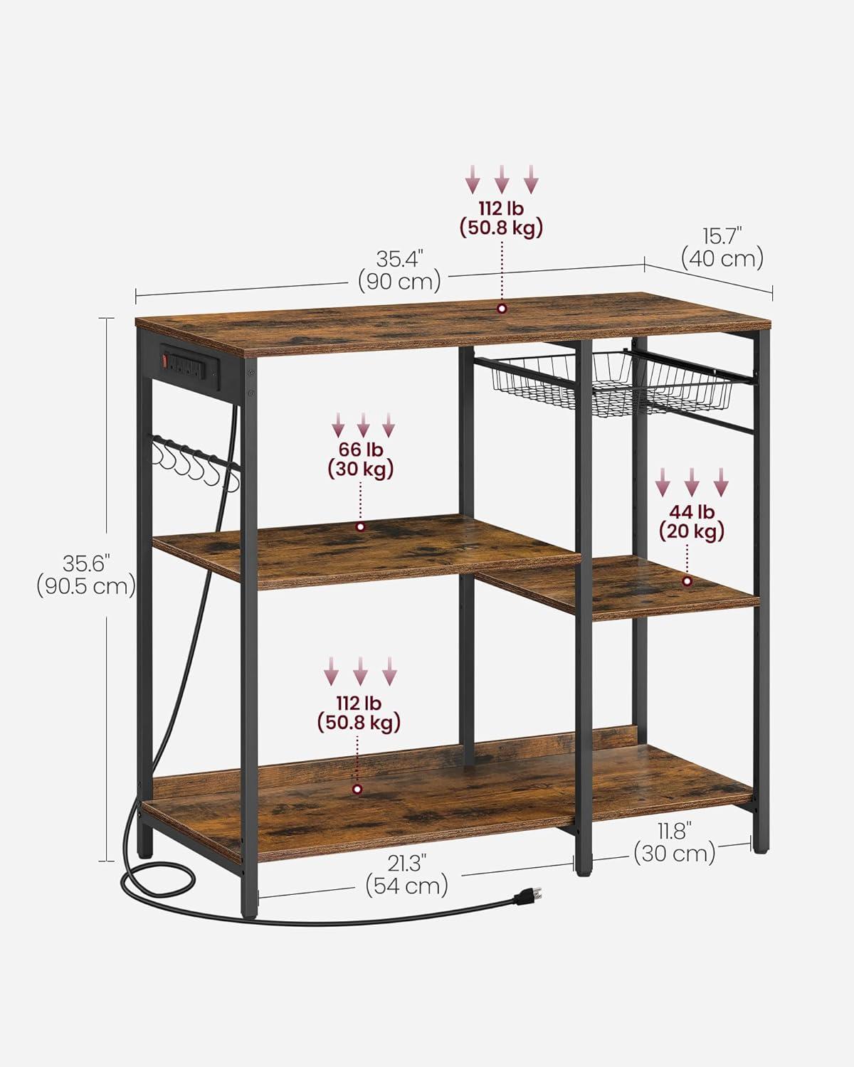 ALINRU Kitchen Baker’s Rack, Coffee Bar, Microwave Oven Stand, with Steel Frame, Wire Basket, 6 Hooks, for Mini Oven, Spices Utensils, Industrial, Rustic Walnut and Black UKKS090B41