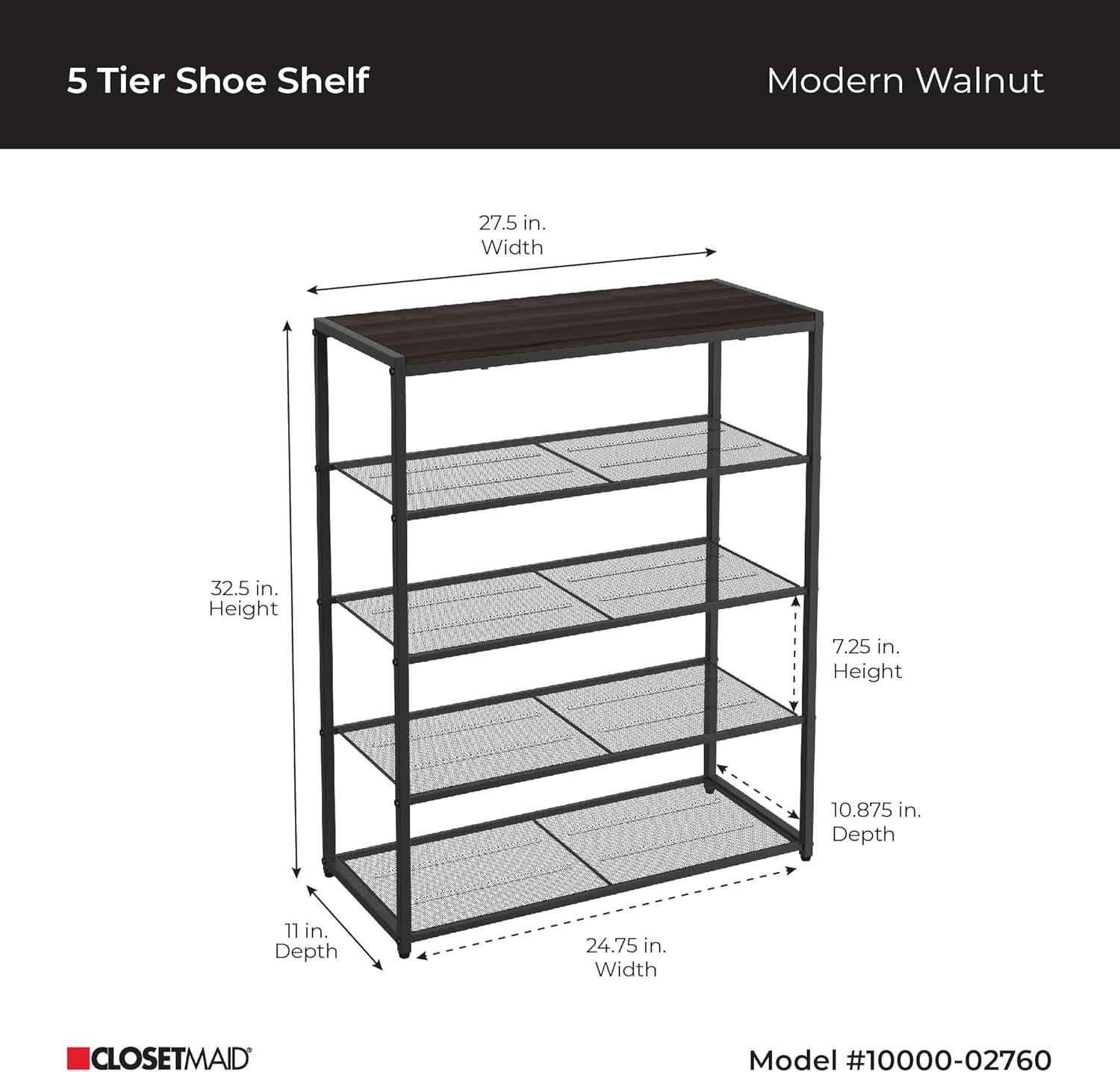 Walnut and Black 5-Tier Metal Shoe Rack with Wood Top