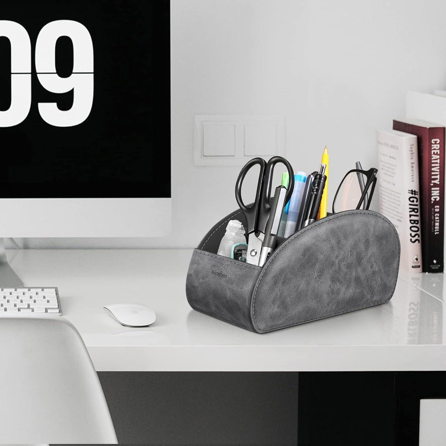 Large Remote Control Holder with 5 Compartments, KENOBEE Anti-slip Desktop Caddy Storage Organizer for Phone, Remote Controllers, Office Supplies, Makeup Brush, Media Accessories,Gray