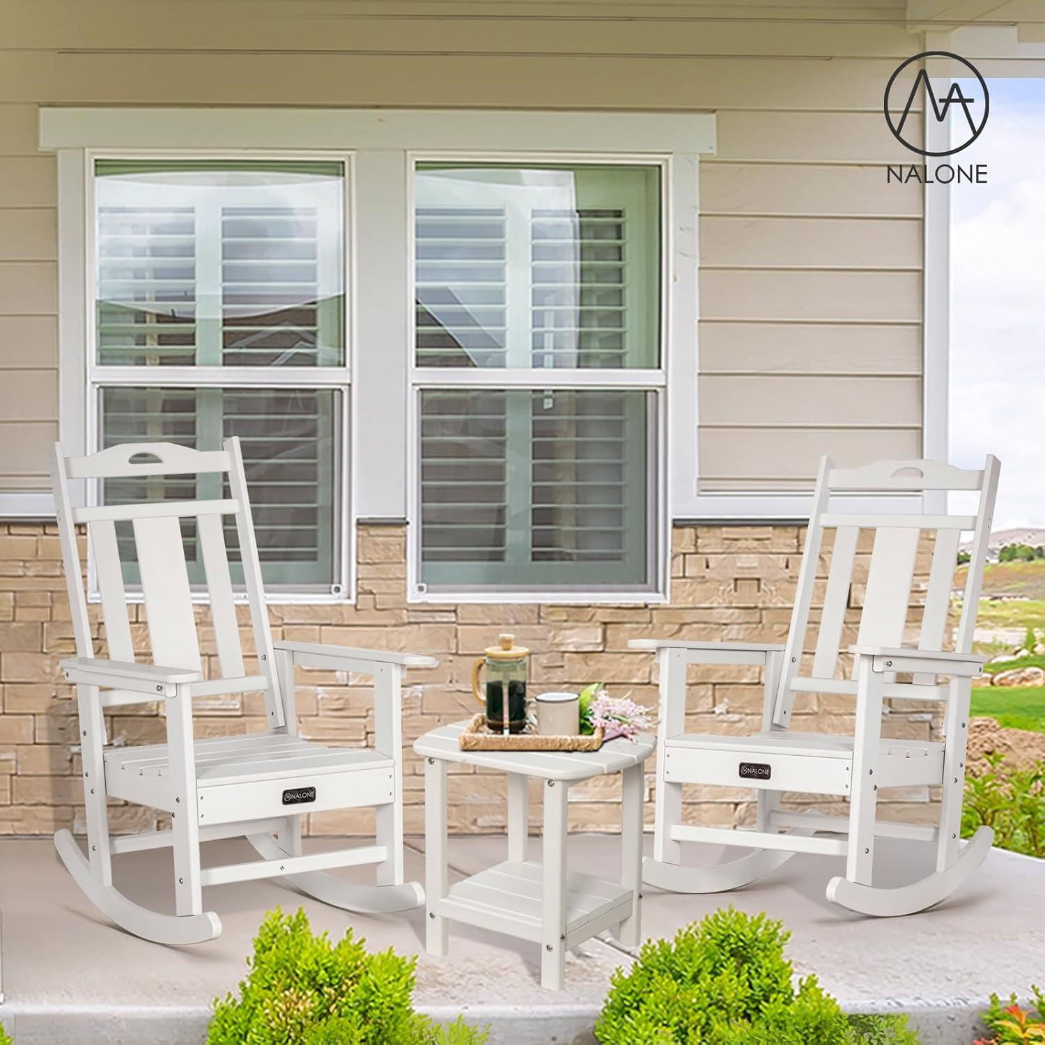 nalone Outdoor Rocking Chairs Set of 2, Oversized Porch Rocker Chair for Adult, All-Weather Resistant Patio Rocking Chair for Garden Lawn(White)
