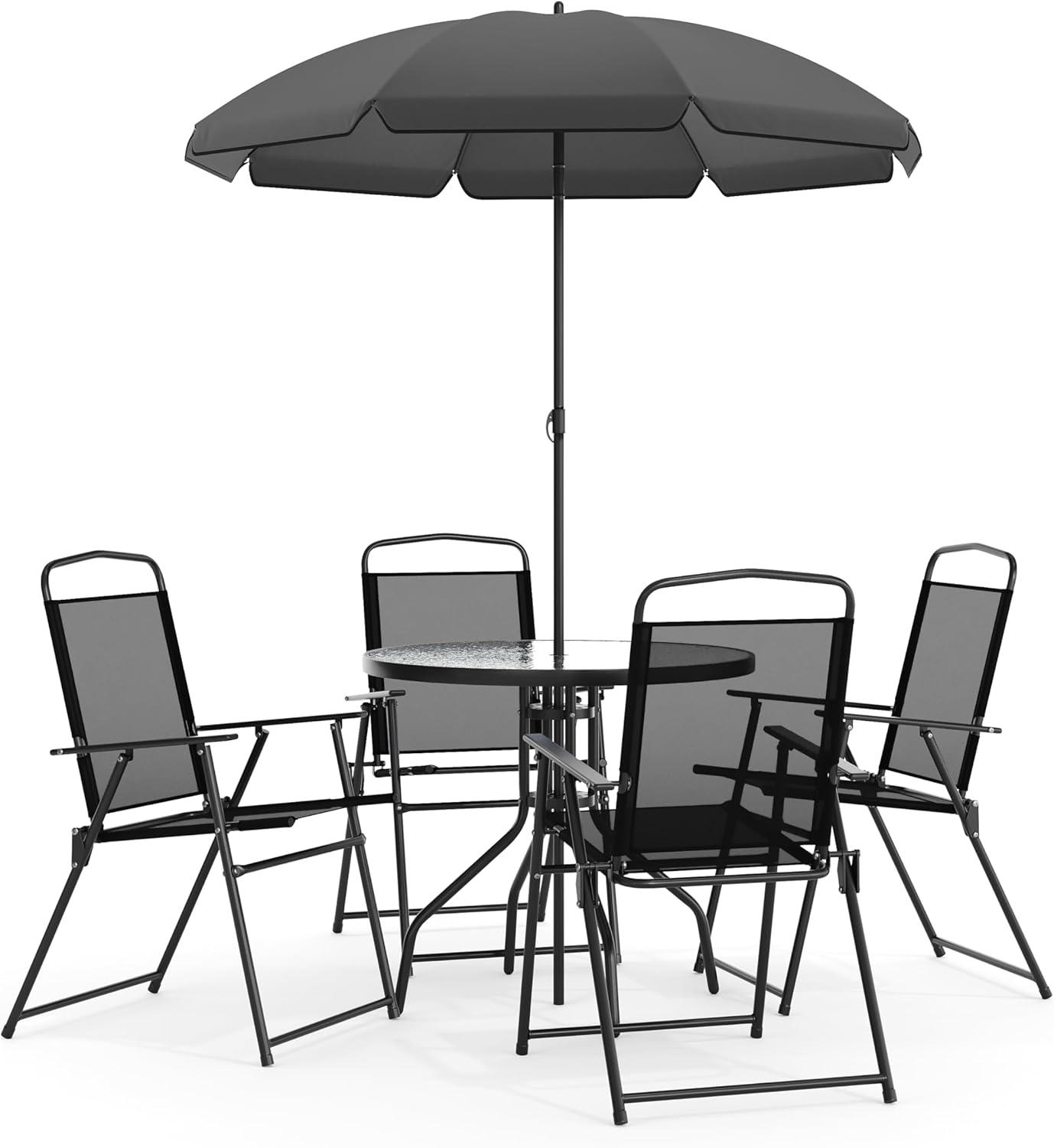 Nantucket 6-Piece Black Steel Patio Furniture Set with Umbrella