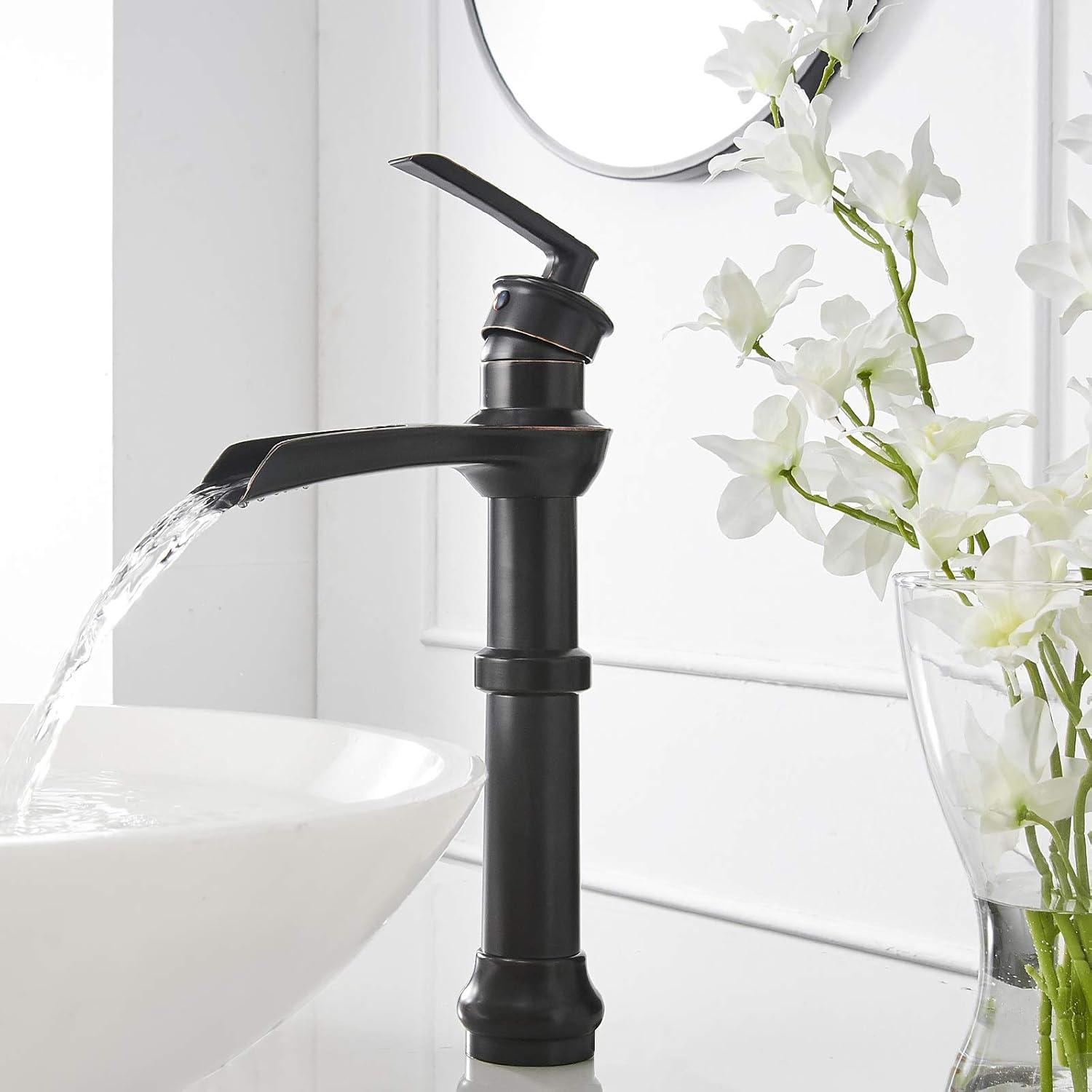 Vessel Sink Faucet Oil Rubbed Bronze Bathroom Faucet Waterfall Farmhouse Single Hole Single Handle for Sink Lavatory Faucets with Pop Up Drain Without Overflow Supply Line