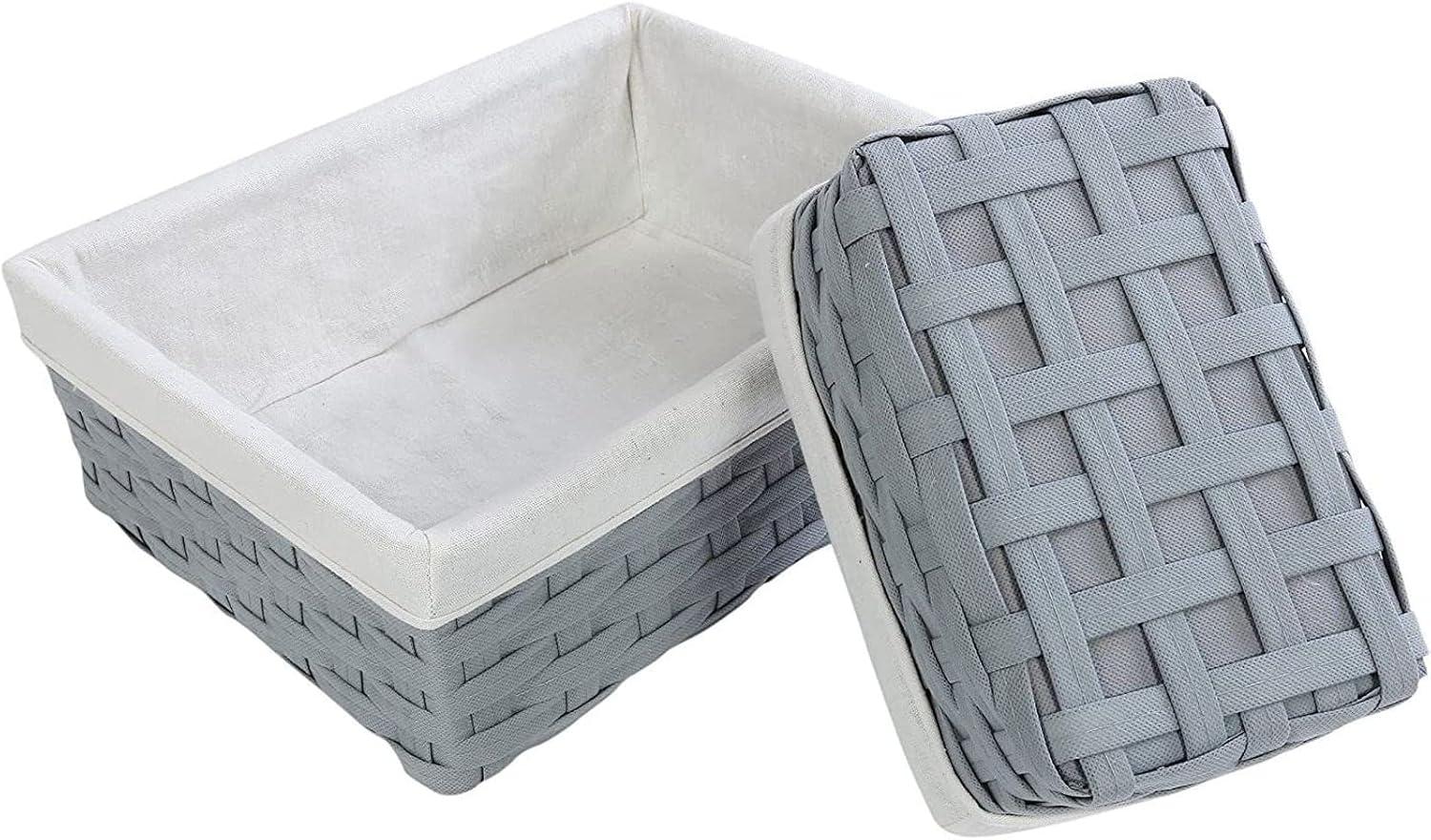 5 Pack Wicker Nesting Baskets with Cloth Lining for Pantry Shelves, Rectangular Storage Bins for Organizing Closet (Brown, 3 Sizes)