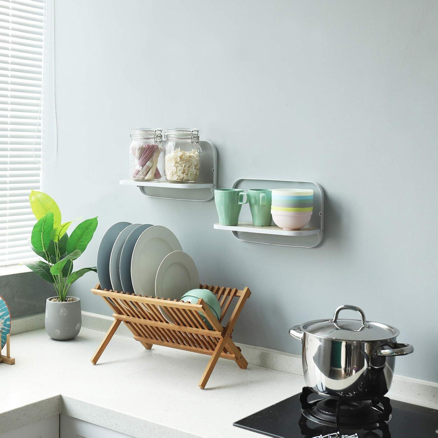 WELLAND 12'' Arlington Floating Shelves Folding Display Wall Shelves, Walnut Grain Wooden Board & Metal Frame, Set of 2