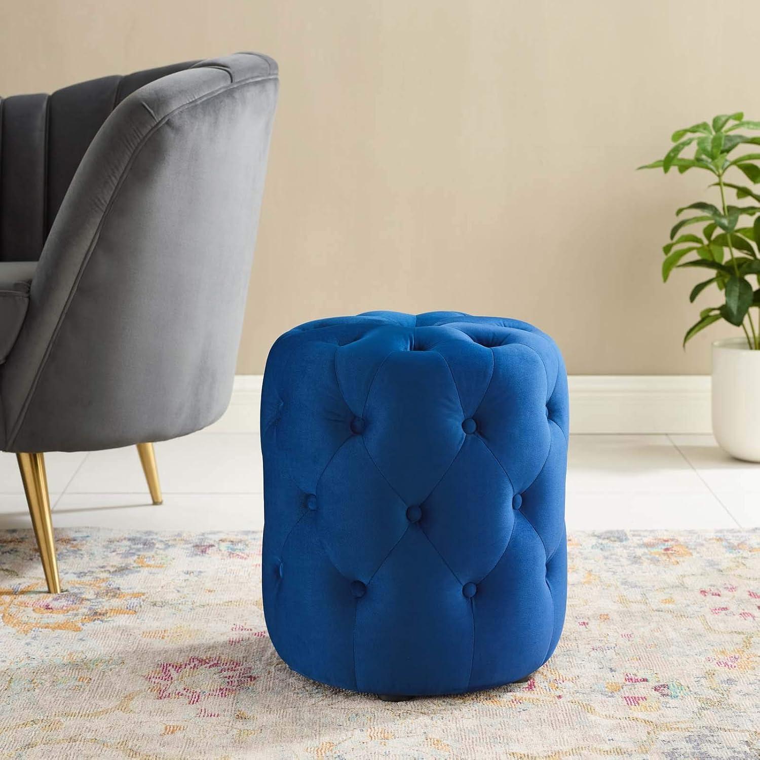 Amour Navy Blue Tufted Velvet Round Pouf Ottoman