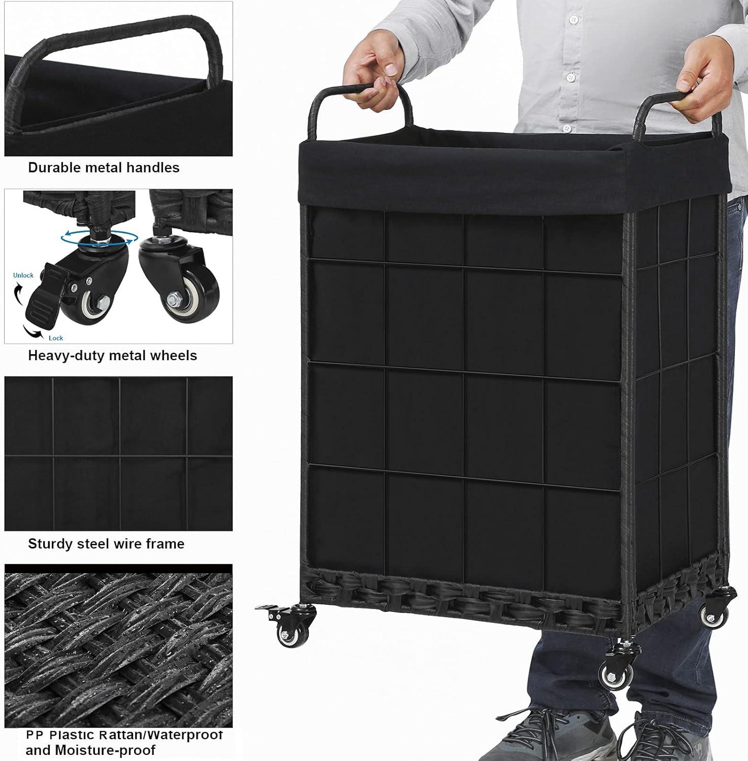Laundry Hamper with Heavy Duty Rolling Lockable Wheels; Durable Laundry Basket with Detachable Liner Bag; Collapsible Clothes Hamper with Metal Handle (Black)