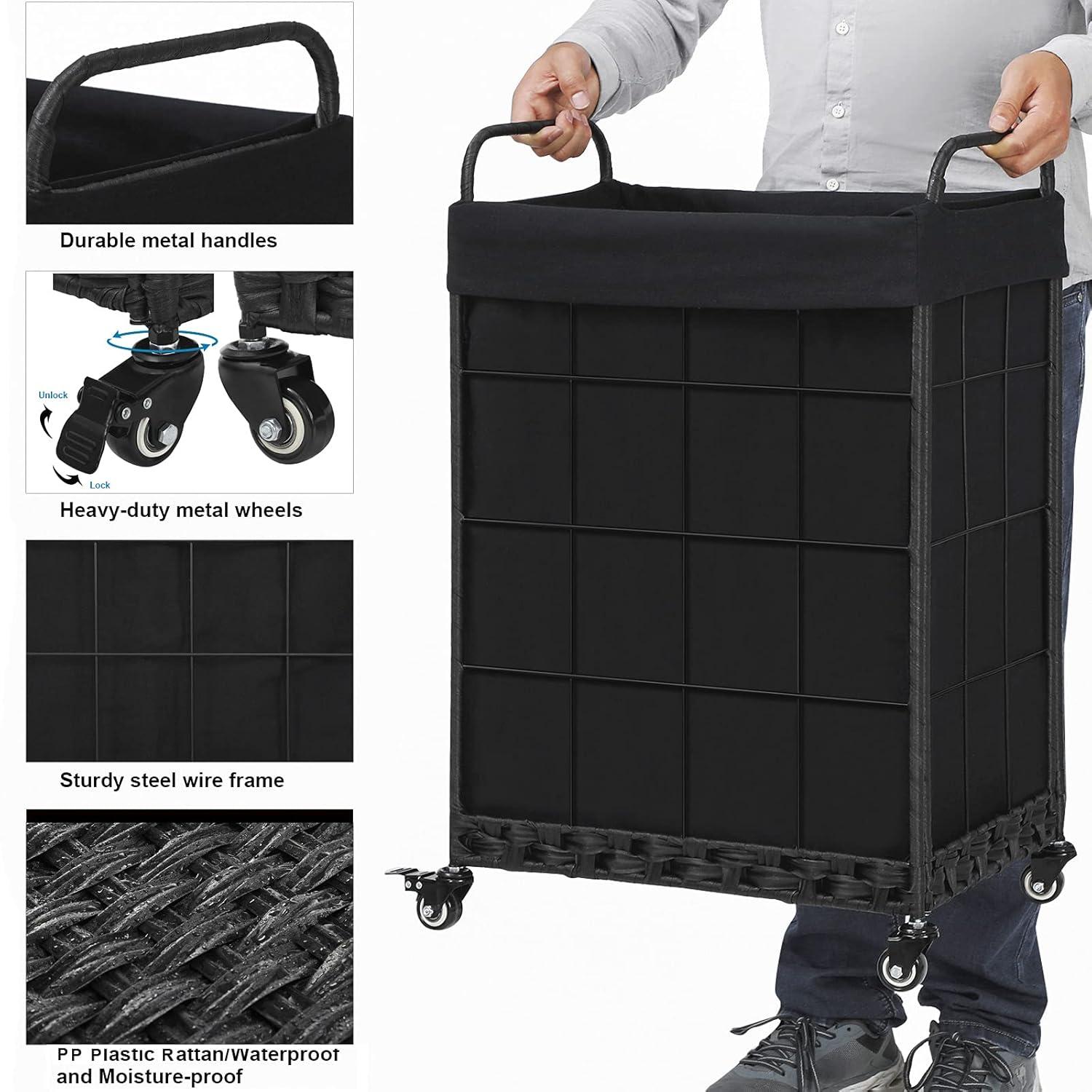 Laundry Hamper with Heavy Duty Rolling Lockable Wheels; Durable Laundry Basket with Detachable Liner Bag; Collapsible Clothes Hamper with Metal Handle (Black)