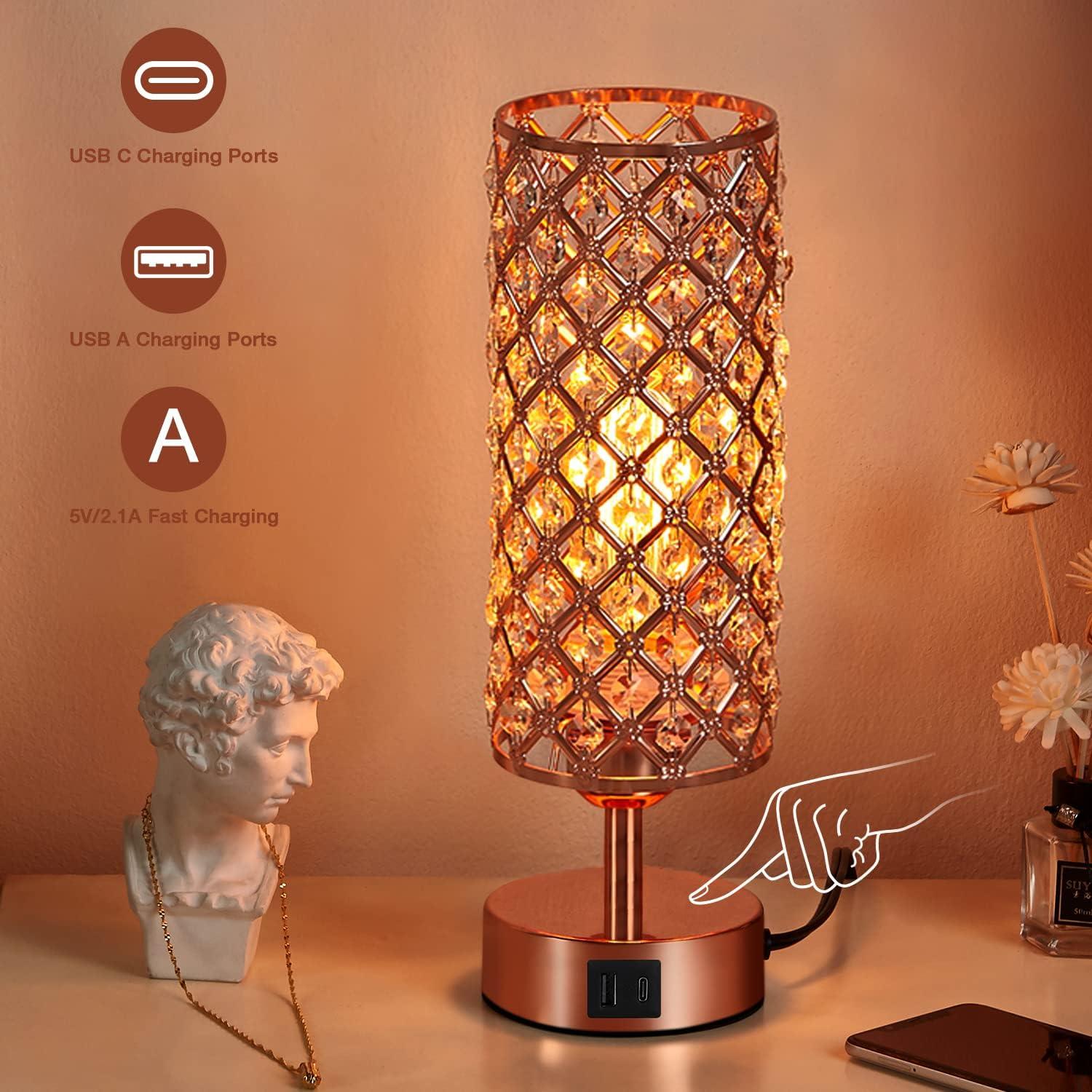 Rose Gold Crystal Touch Table Lamp with USB Ports