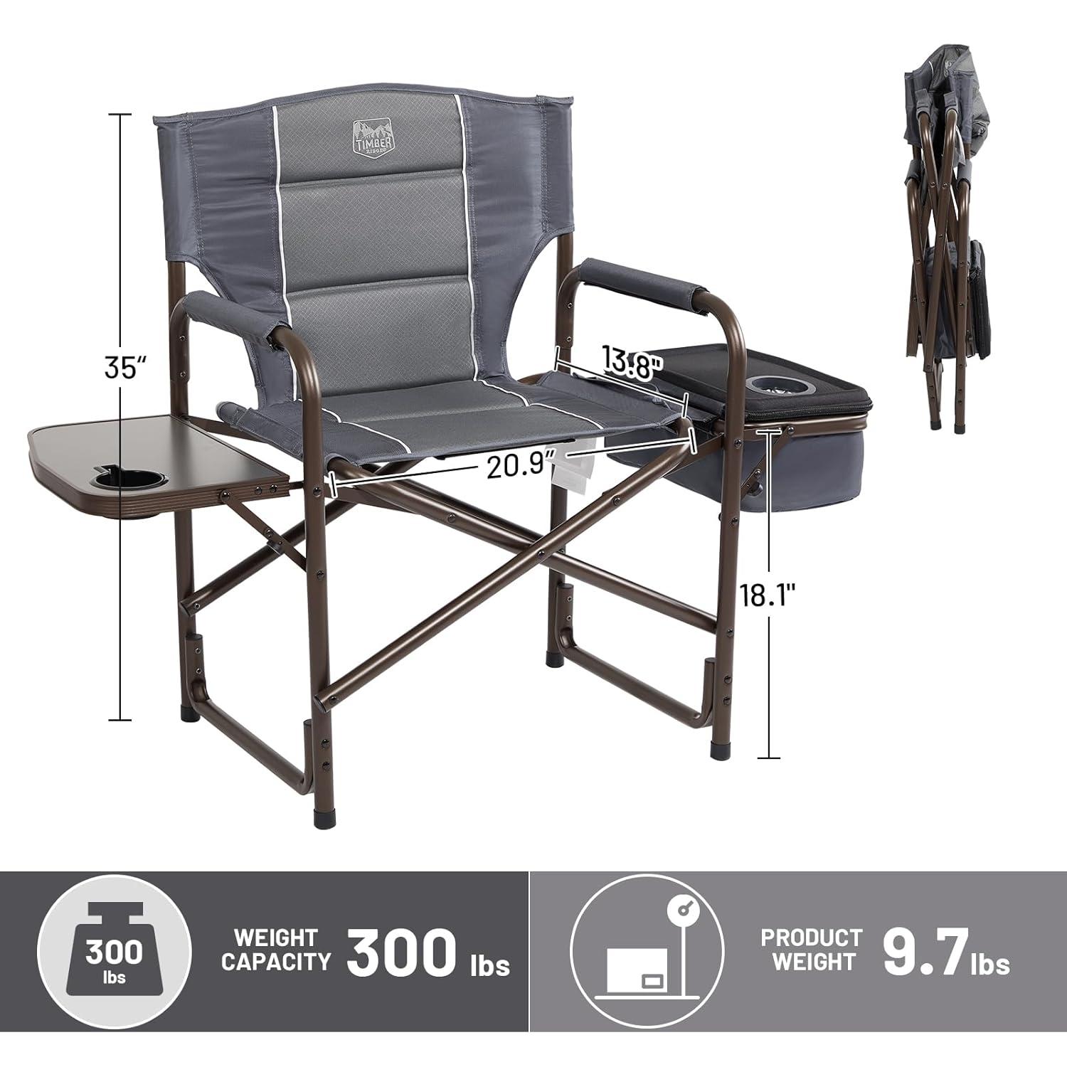 TIMBER RIDGE Lightweight Camping Chair, Portable Laurel Director's Chair with Foldable Side Table, Cooler Bag & Mesh Pocket, Compact Outdoor Folding Lawn Chair, Supports 300lbs, Grey