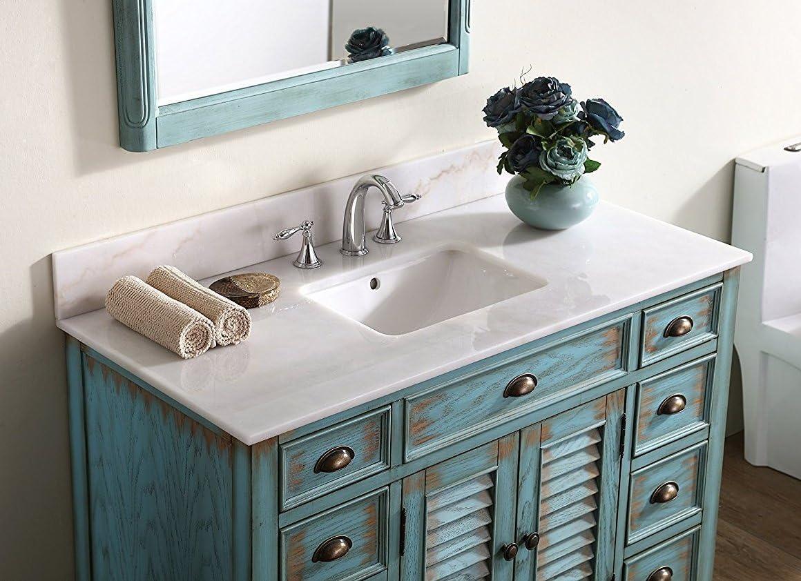 46 Inch Abbeville Distressed Blue Finish Cottage Plantation Style Bathroom Vanity with White Marble Stone Top, 4 Functional Drawers, Undermount Sink, Hardware Included