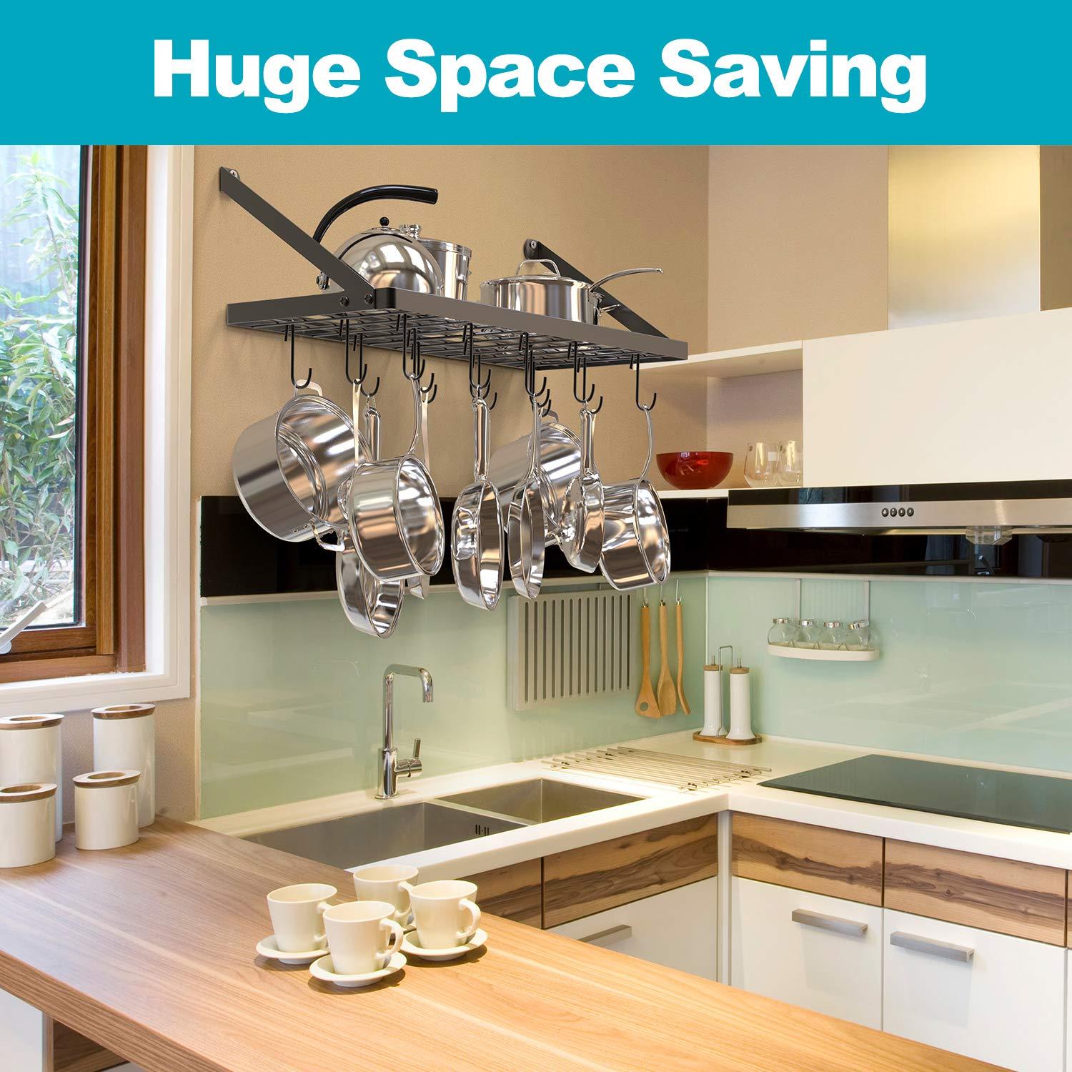 Vdomus Hanging Pots and Pans Organizer - Wall Mounted Pot Rack with 15 Hooks, 29.3 x 13 Inch Heavy-Duty Cookware Organizer for Kitchen Storage - Ideal Pot and Pan Holder with Square Grid Design, Black